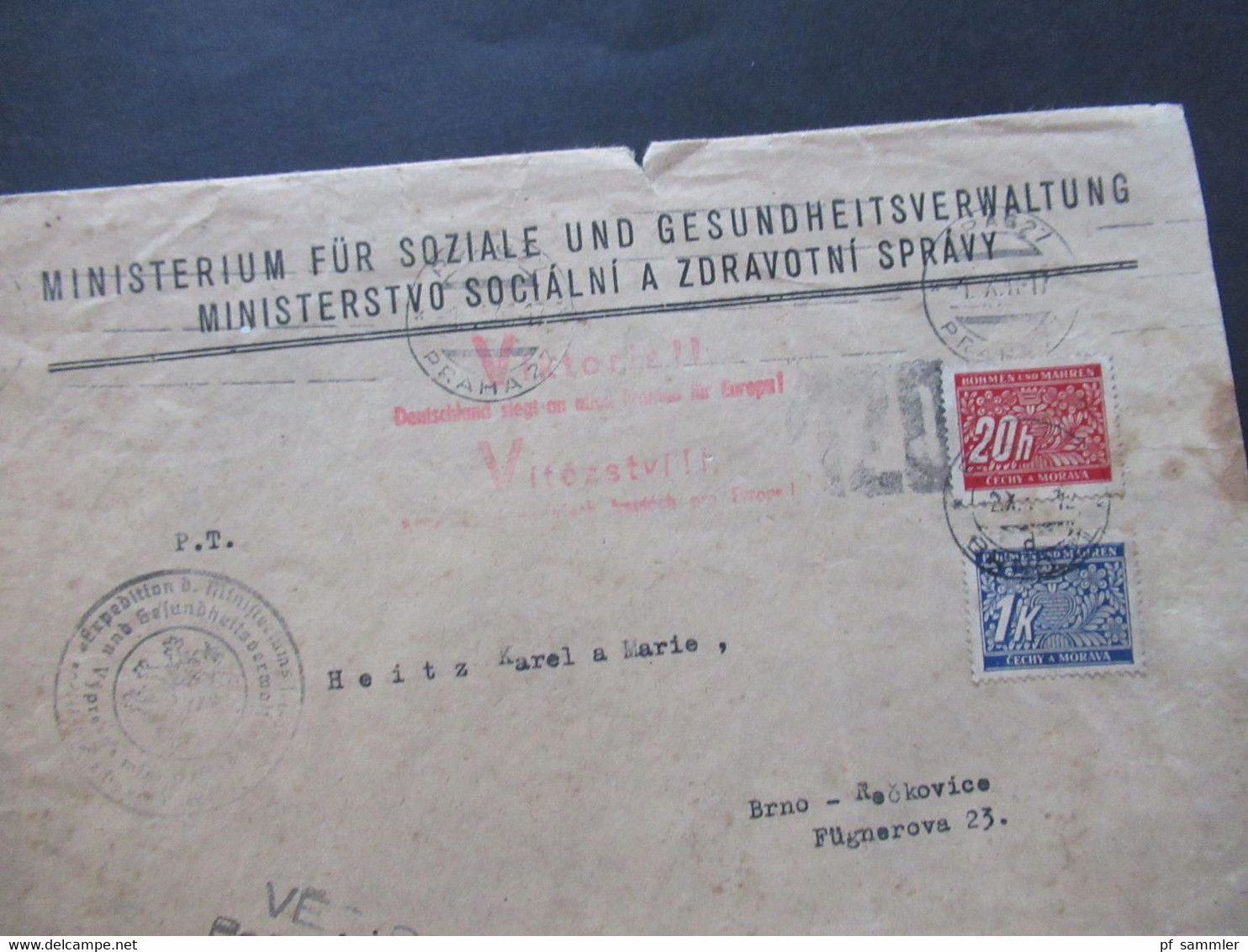 1941 Protektorat Böhmen und Mähren Ministerium für Soziale und Gesundheitsverwaltung Viktoria Stempel!! Portomarken