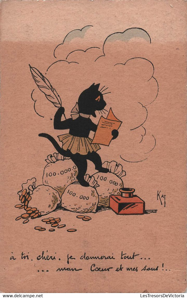 Fantaisie - Animaux Habillé - Chat Ecrivant Avec Une Plume Sur Des Sacs De Pieces - Carte Postale Ancienne - Geklede Dieren