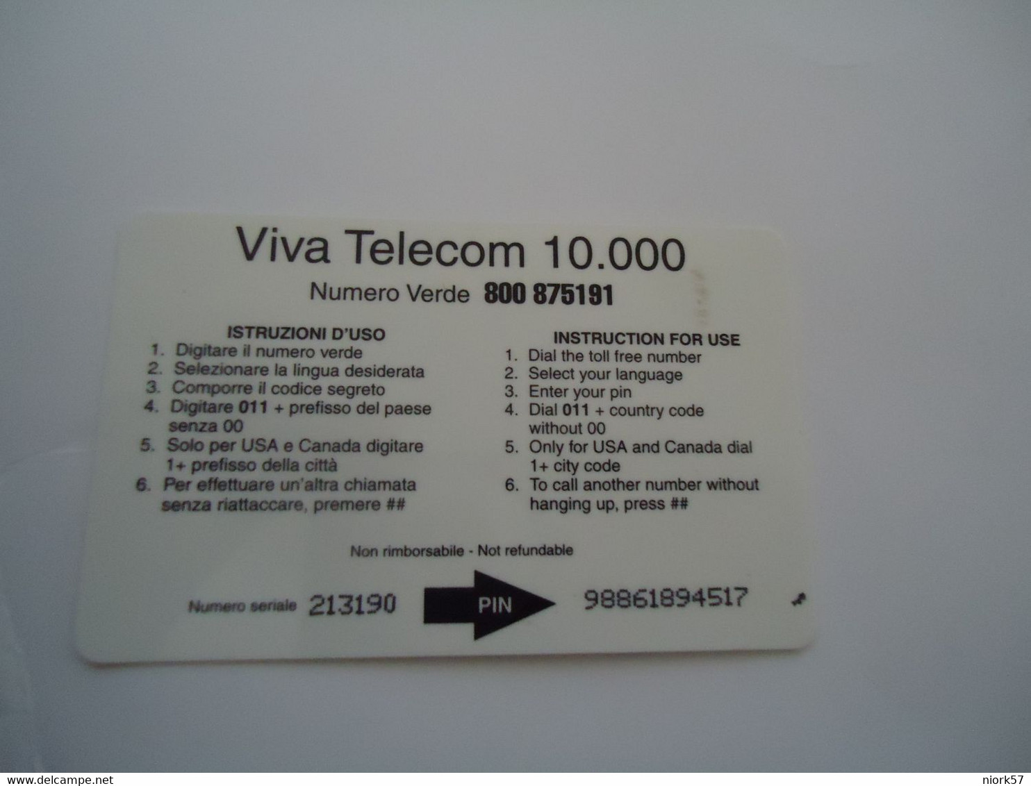 ITALY  PREPAID ADVERTISING  CARDS   VIVA L.10000 - Sonstige & Ohne Zuordnung