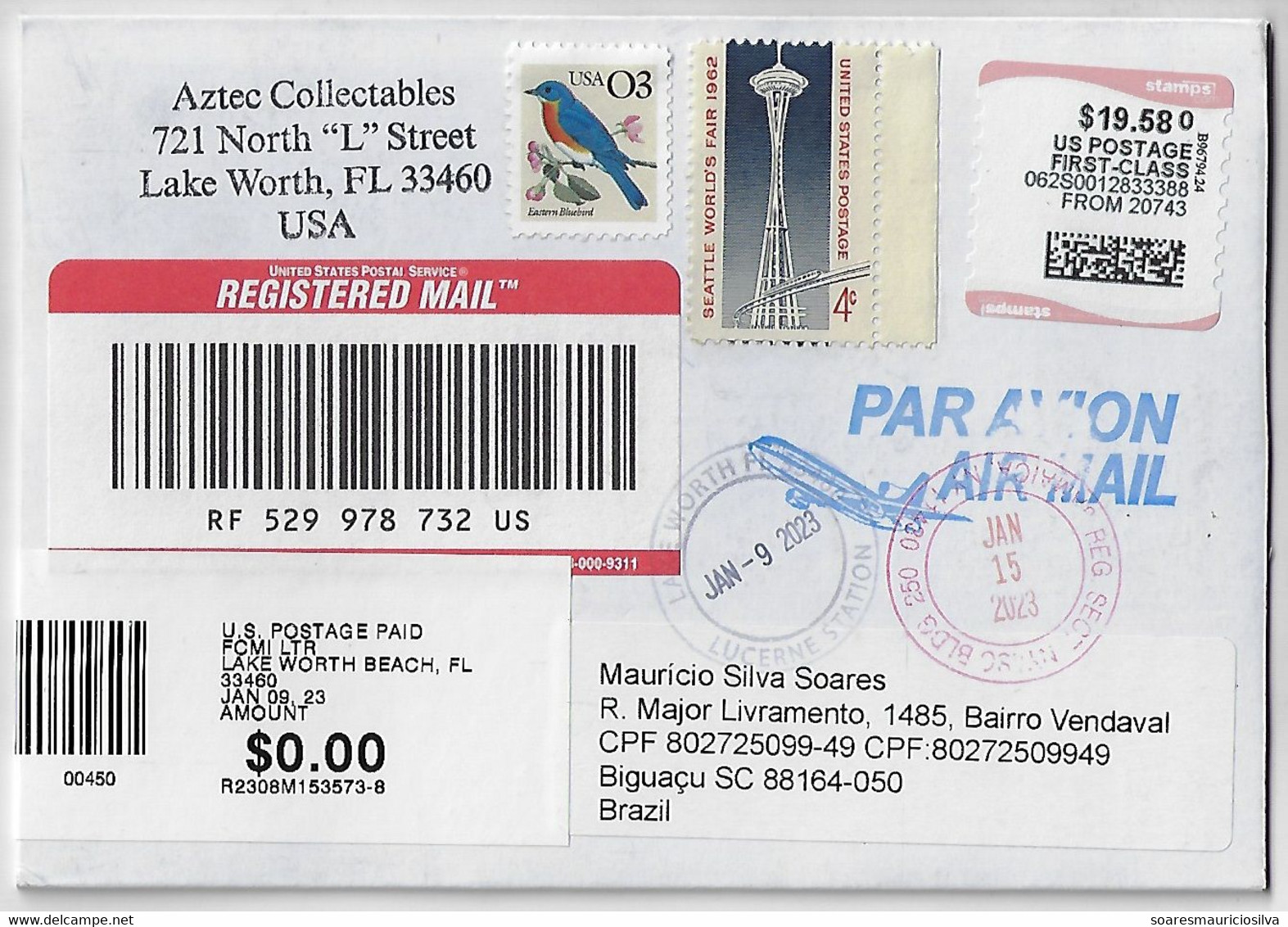 United States Of America USA 2023 Cover From Lake Worth To Biguaçu Brazil By Jamaica NY Meter Stamp ATM Stamps.com - Briefe U. Dokumente