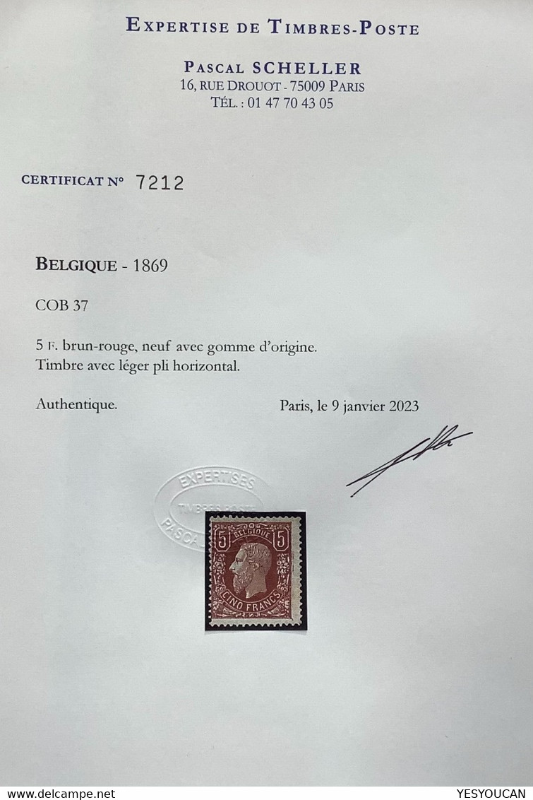 CERTIFICAT SCHELLER: Belgique COB 37 1878 5fr Brun-rouge Neuf * Quasiment TB  (Belgium Mint MH Og - 1869-1883 Leopold II.