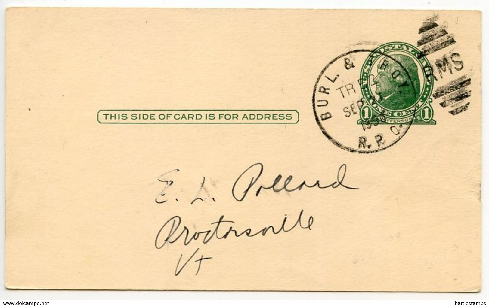 United States 1950 Scott UX27 Postal Card Burlington & Troy RPO Railway Postmark; To Proctorsville, Vermont - 1941-60