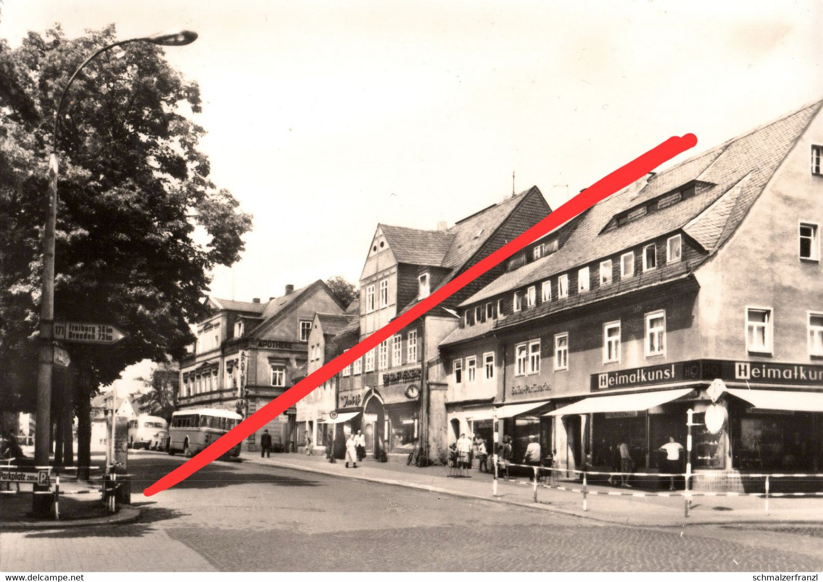 AK Olbernhau Markt Marktstraße Bus Haltestelle HO Laden Grünthal Blumenau Oberneuschönberg Seiffen Sayda Erzgebirge DDR - Olbernhau