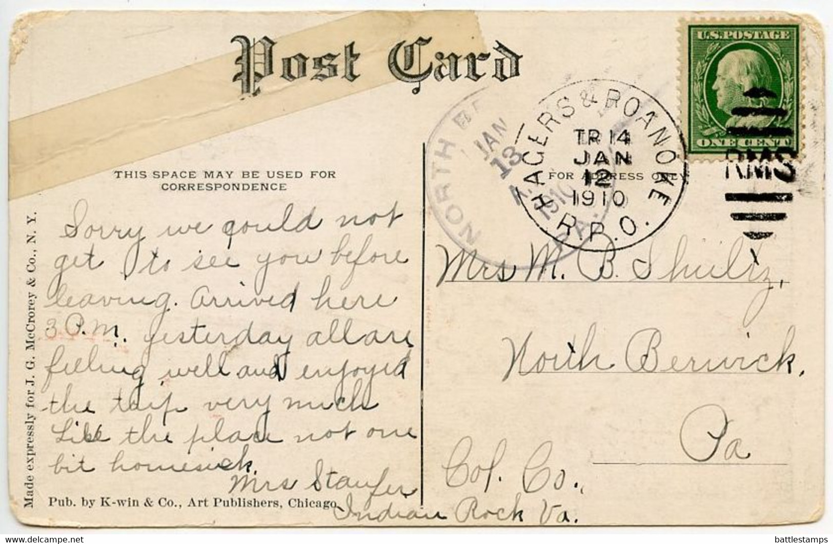 United States 1910 Postcard Cumberland R.R. Station, Hagerstown, Maryland; Hagerstown & Roanoke RPO Postmark - Hagerstown