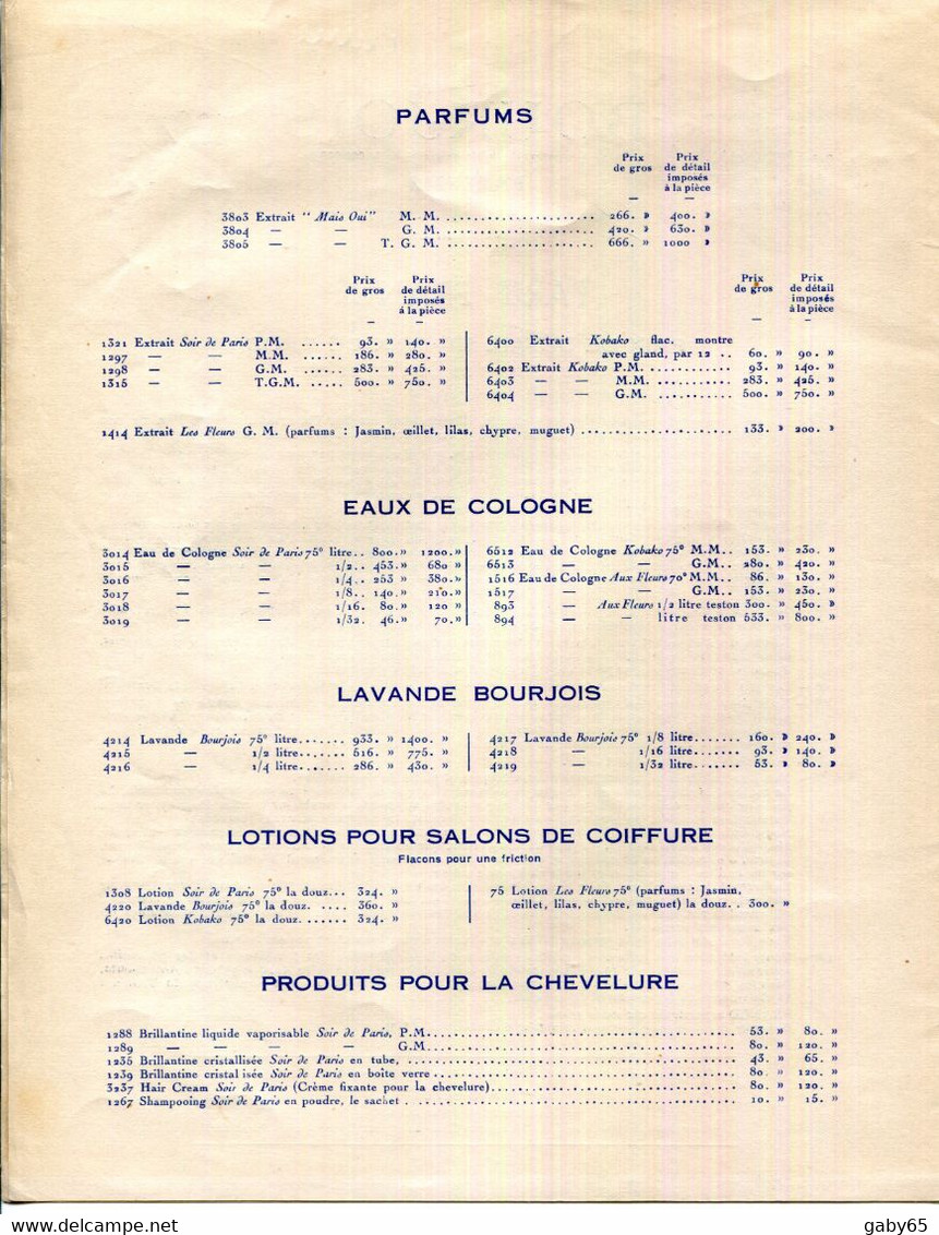 FACTURE.PARIS.TARIF 4 PAGES + ADDITIF 1948 DES PARFUMS " BOURJOIS "  (AVEC UN J COMME JOIE PUB RADIO) - Perfumería & Droguería