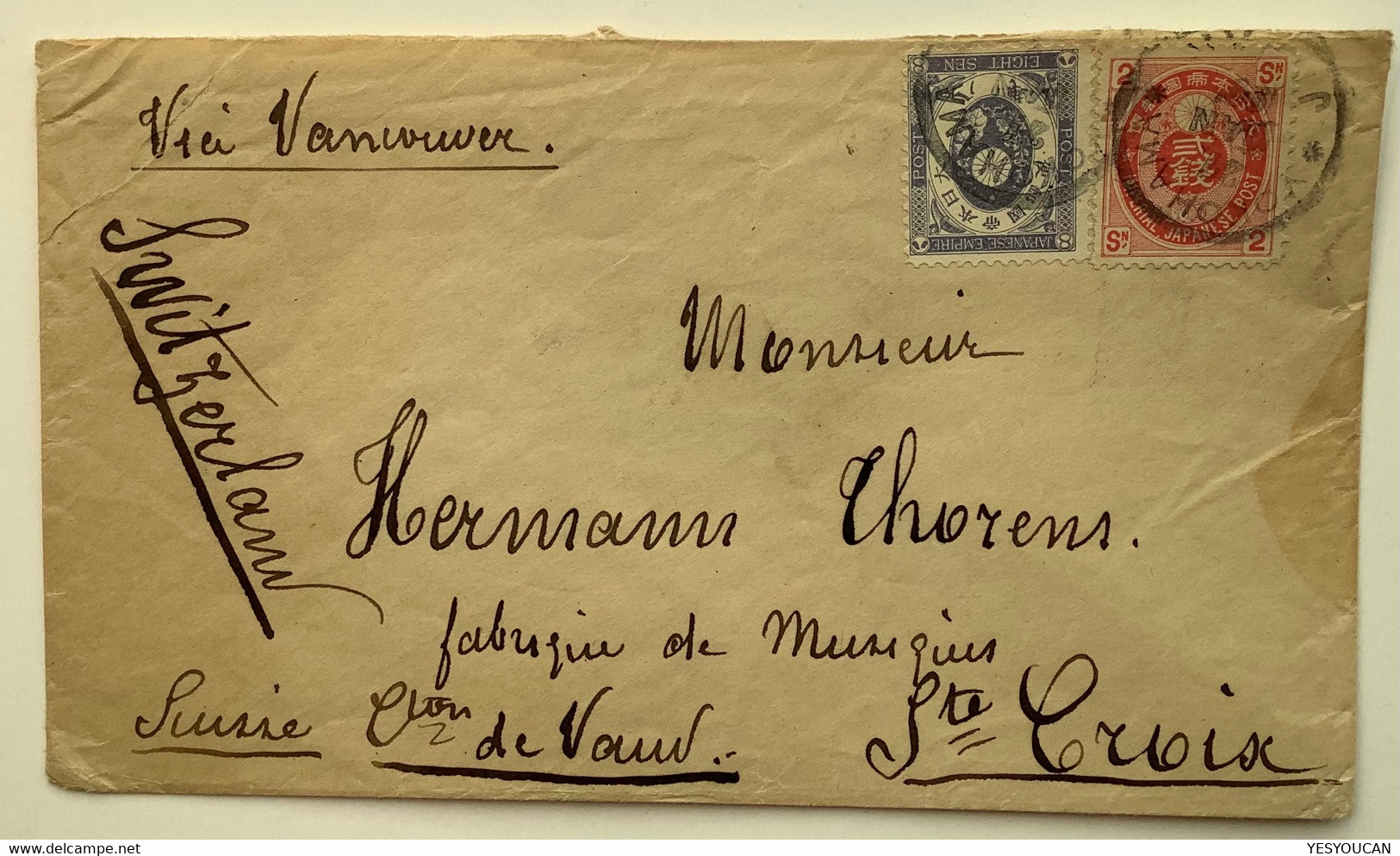 YOKOHAMA JAPAN 1899 Rare Koban Franking 8s+2s Cover Via Vancouver>SAINTE CROIX SUISSE  Schweiz VD Rasierklingenstempel - Covers & Documents