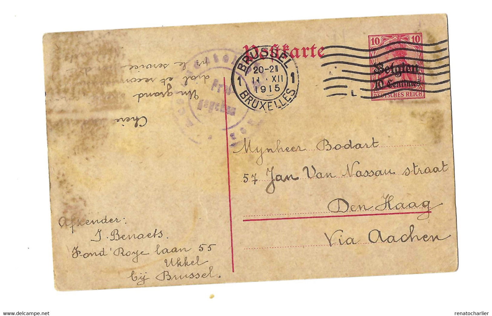 Entier Postal à 10 Centimes.Expédié De Bruxelles à Den Haag (Hollande).Censure "Aachen" - German Occupation