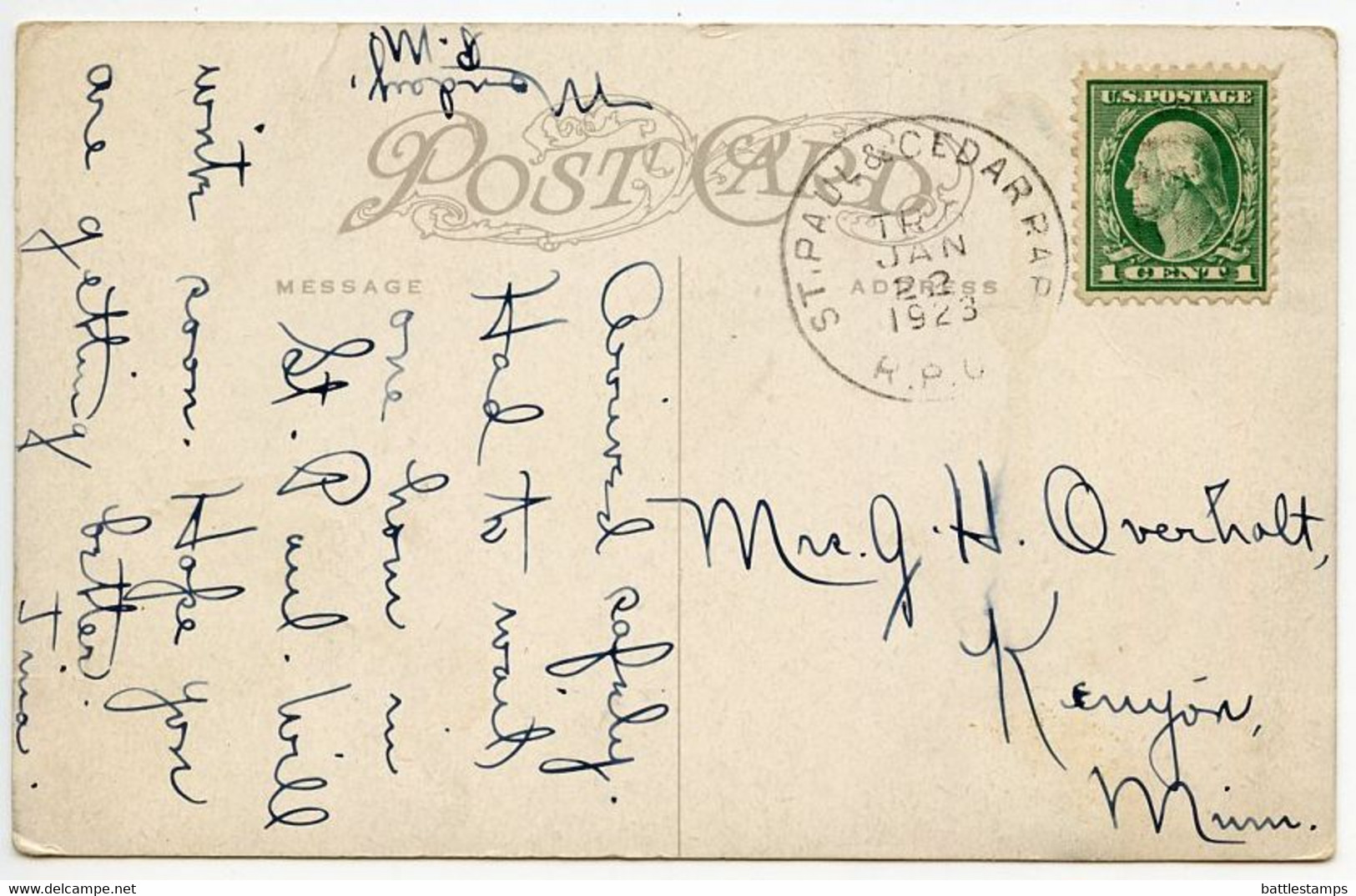 United States 1923 Postcard Stanley Hotel, Estes Park, Colorado; St. Paul & Cedar Rapids RPO Postmark - Rocky Mountains