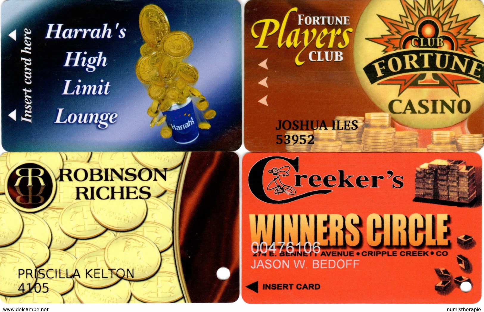 Lot De 4 Cartes Casino : Harrah's (NV) - Fortune (NV) - Robinson (CA) - Creeker's (CO) - Tarjetas De Casino