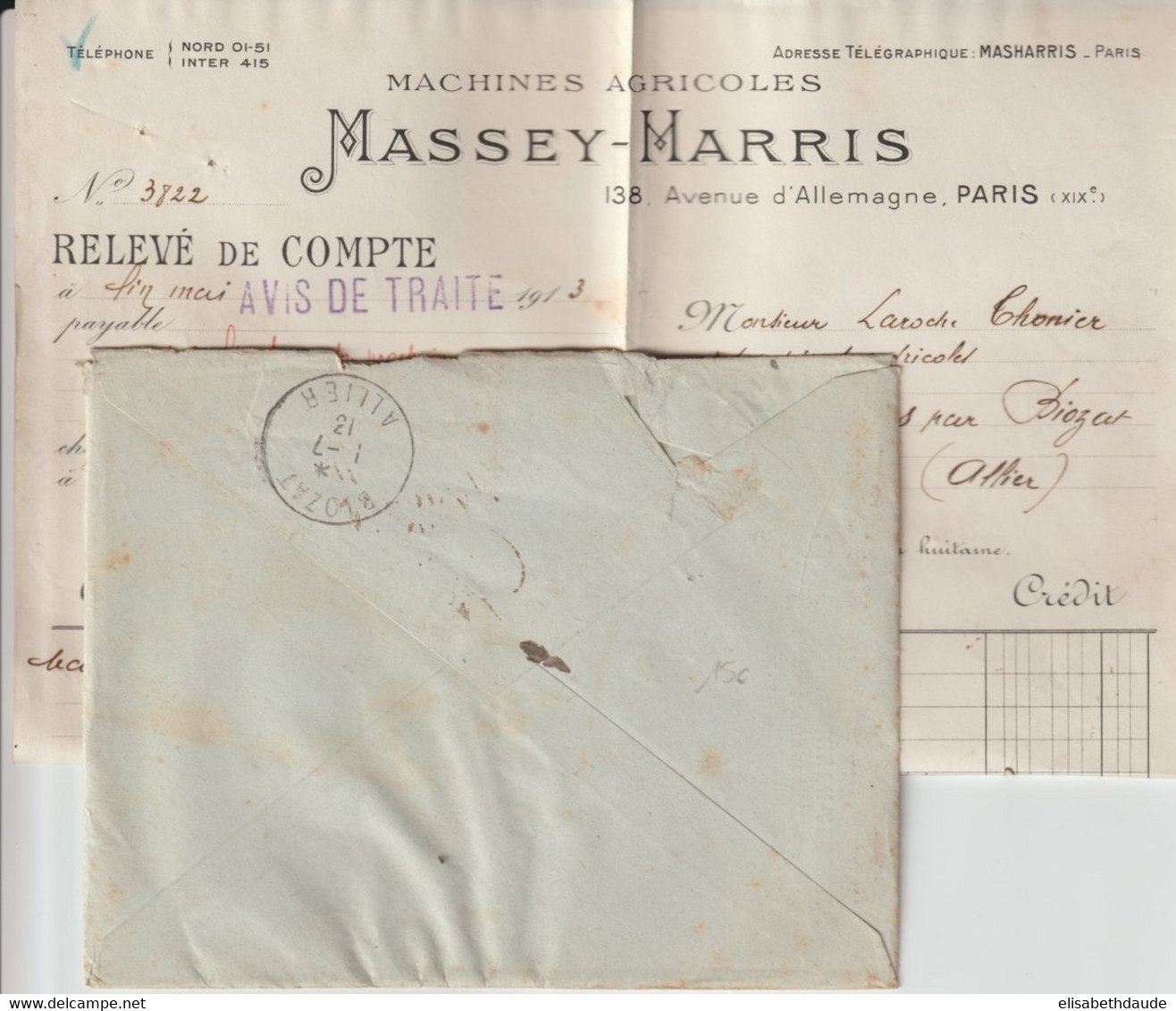 1913 - SEMEUSE PERFOREE (PERFIN) Sur ENVELOPPE PUB "MACHINES AGRICOLES MASSEY-HARRIS" De PARIS - Lettres & Documents