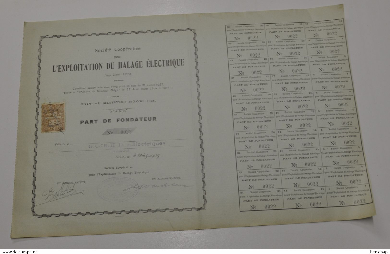 Société Coopérative Pour L'Exploitation Du Halage Electrique -  Part De Fondateur - Liège 31 Août 1925. - Elektriciteit En Gas