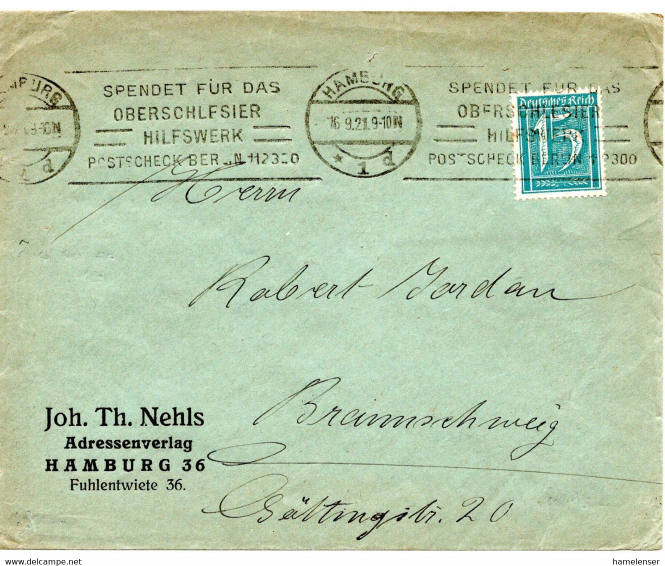 56673 - Deutsches Reich - 1921 - 15Pfg Ziffer EF A DrucksBf HAMBURG - ... OBERSCHLESIER-HILFSWERK ... -> Braunschweig - Cartas & Documentos