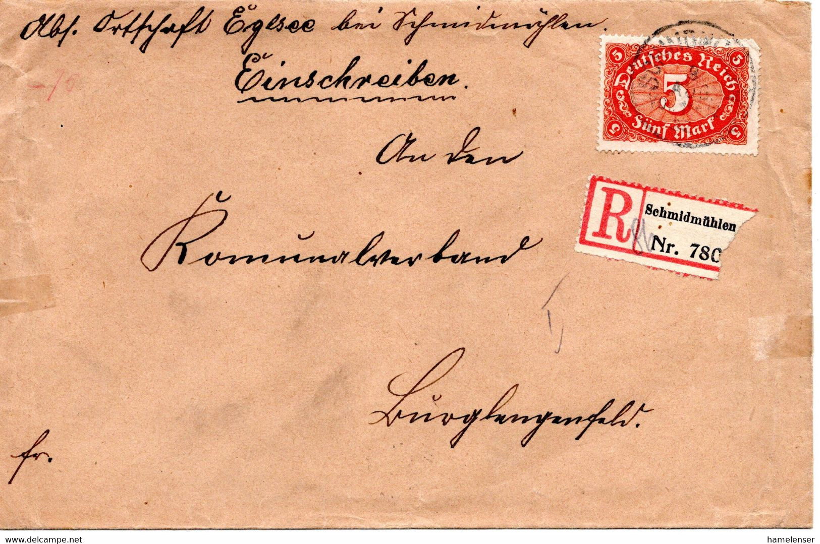 56679 - Deutsches Reich - 1922 - 5M Quer EF A R-Bf SCHMIDMUEHLEN -> BURGLENGENFELD - Cartas & Documentos