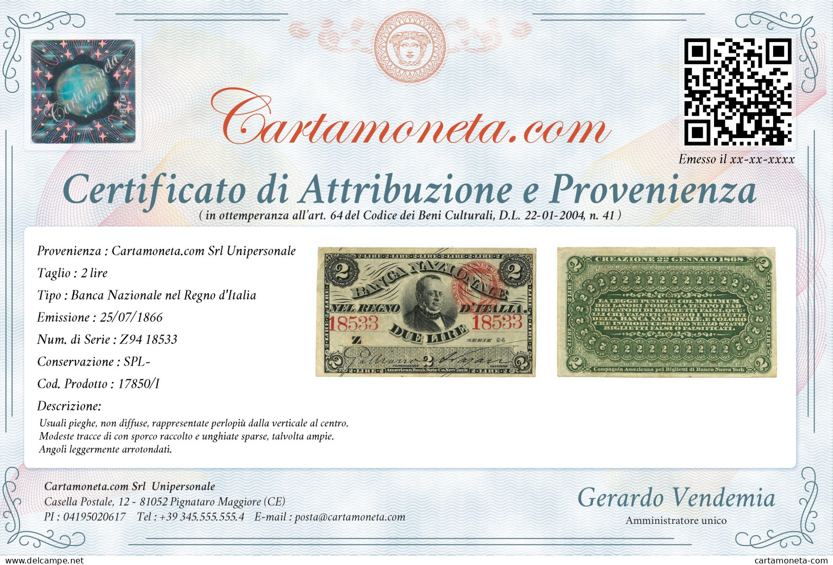 2 LIRE BANCA NAZIONALE NEL REGNO D'ITALIA CAVOUR 25/07/1866 SPL- - Andere & Zonder Classificatie