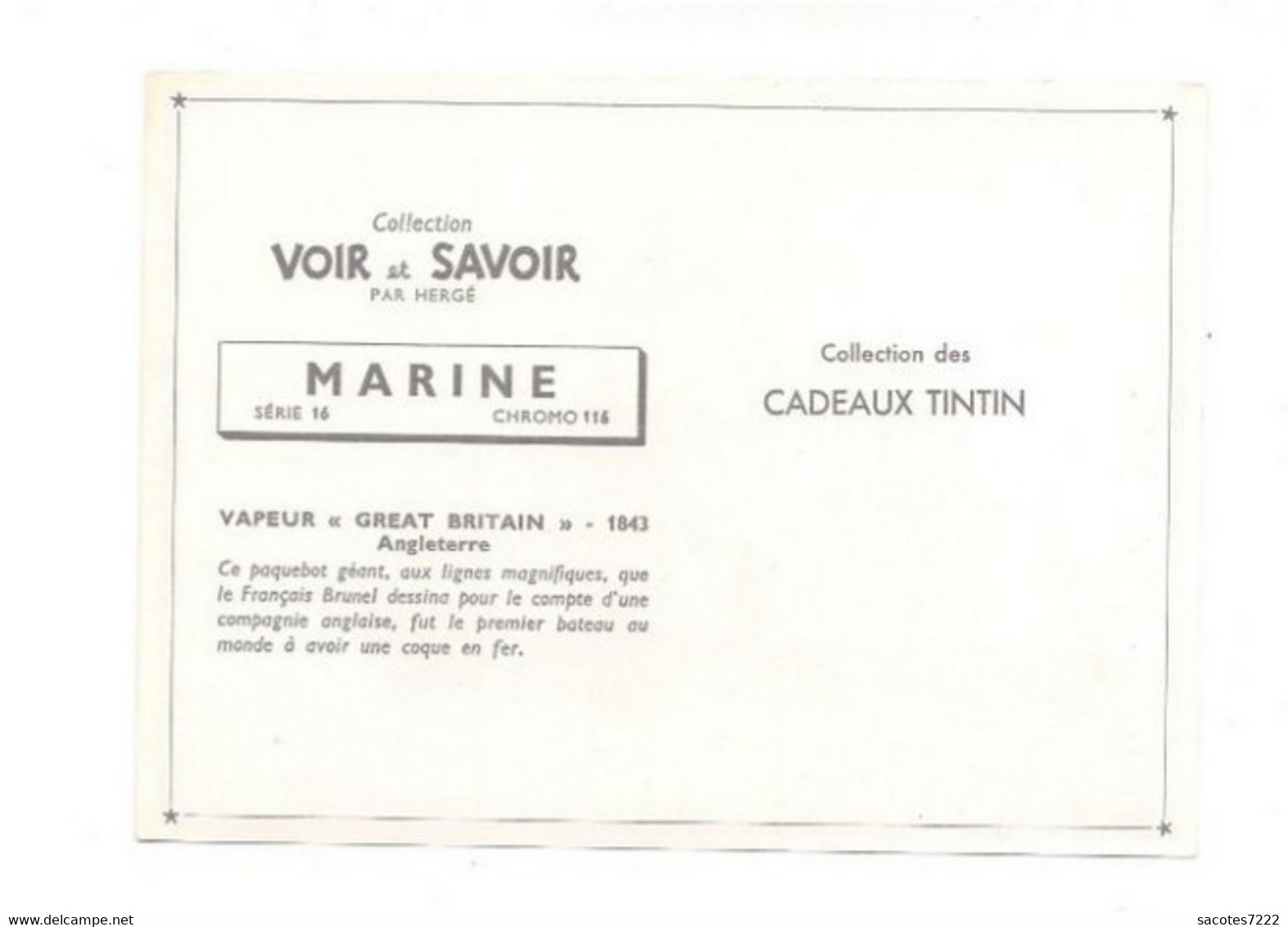 Collection Des CADEAUX TINTIN - CHROMO MARINE  : VAPEUR - GREAT BRITAIN - 1843 - Angleterre     Série 15 N° 116- - Chromos