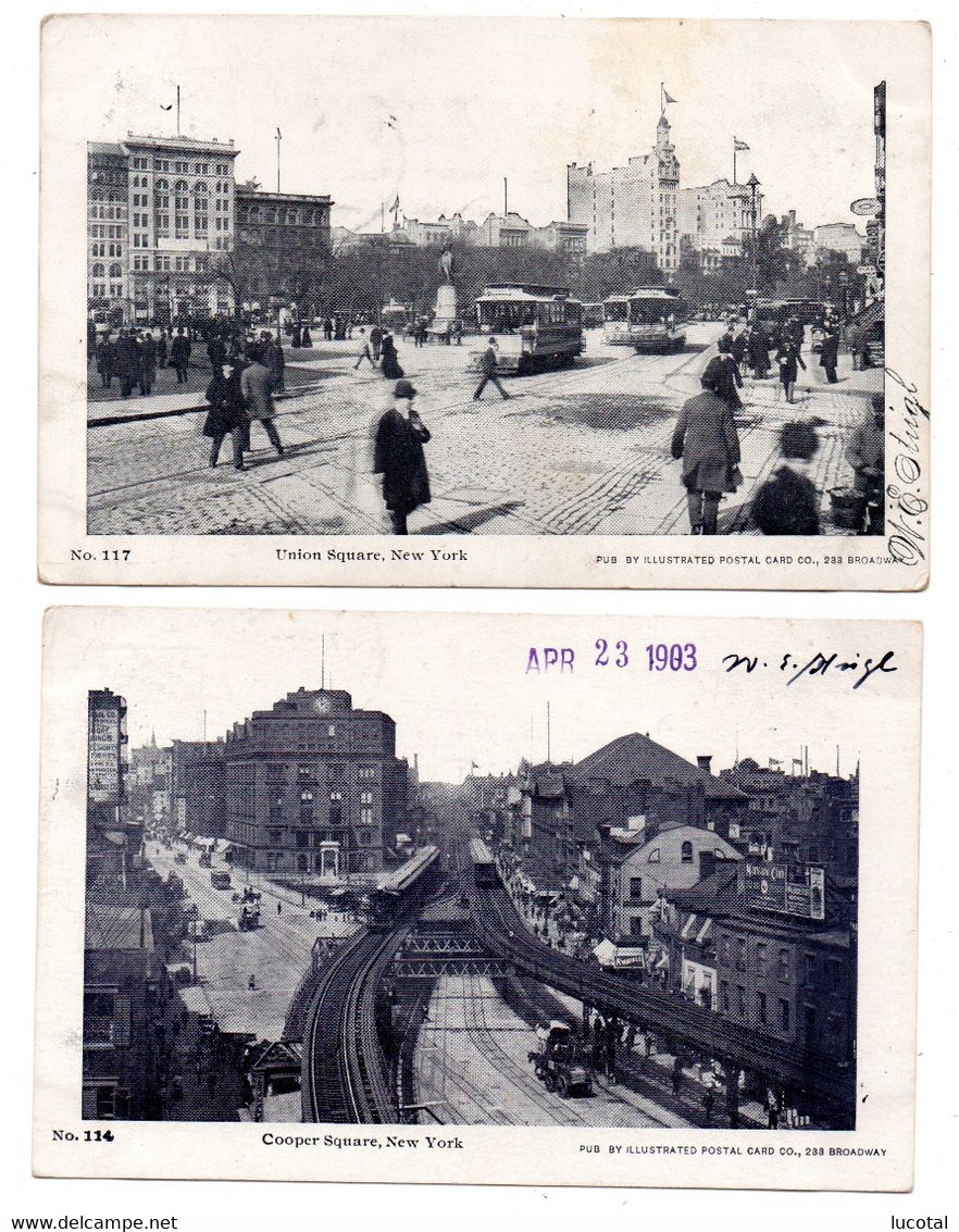 USA - New York - Union Square and Cooper Square - 1903 - 2 Postcards