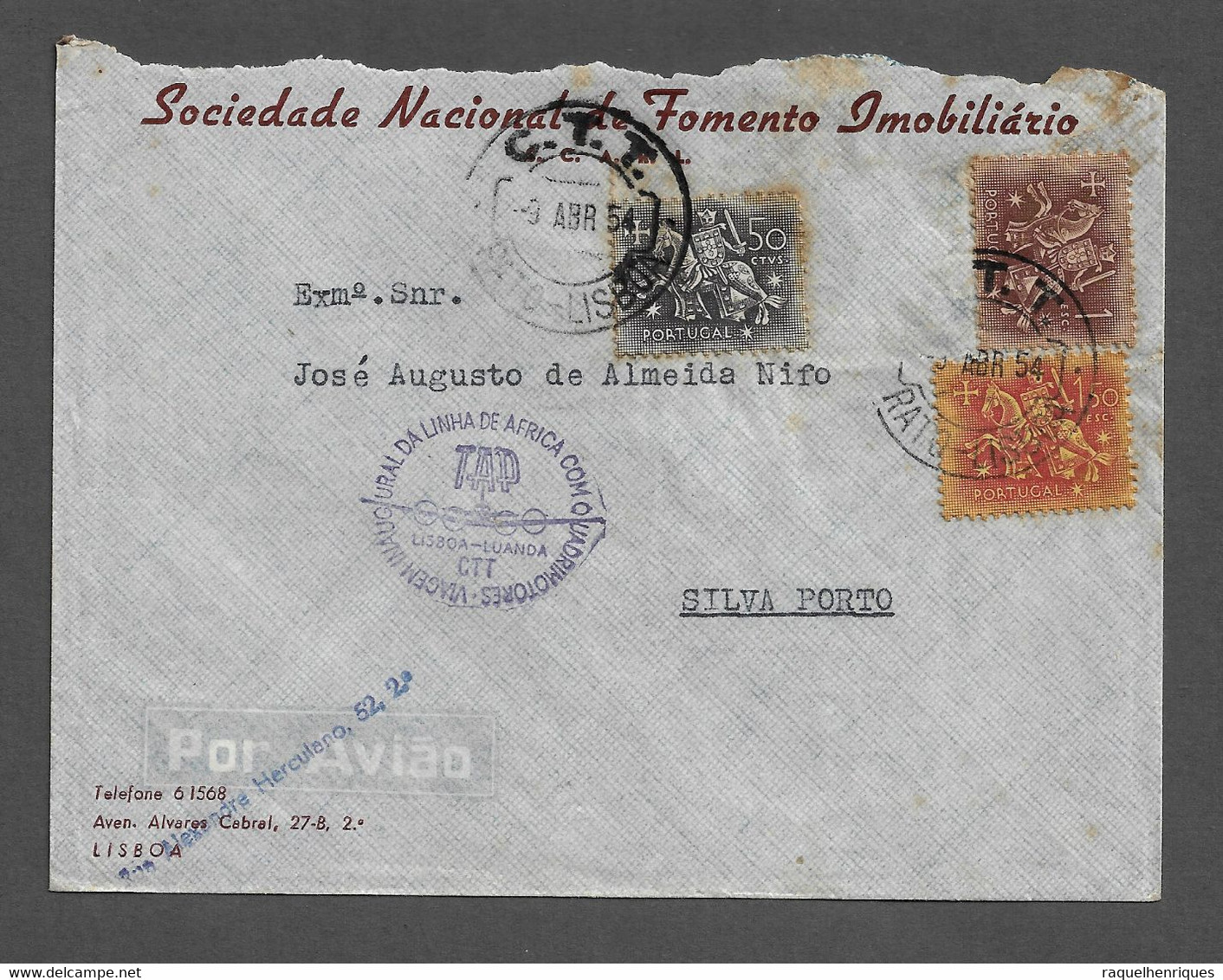 PORTUGAL COVER - 1954 VIAGEM INAUGURAL DA LINHA DE AFRICA COM QUADRIMOTORES - LISBOA-LUANDA - SILVA PORTO (PLB#03-22) - Lettres & Documents