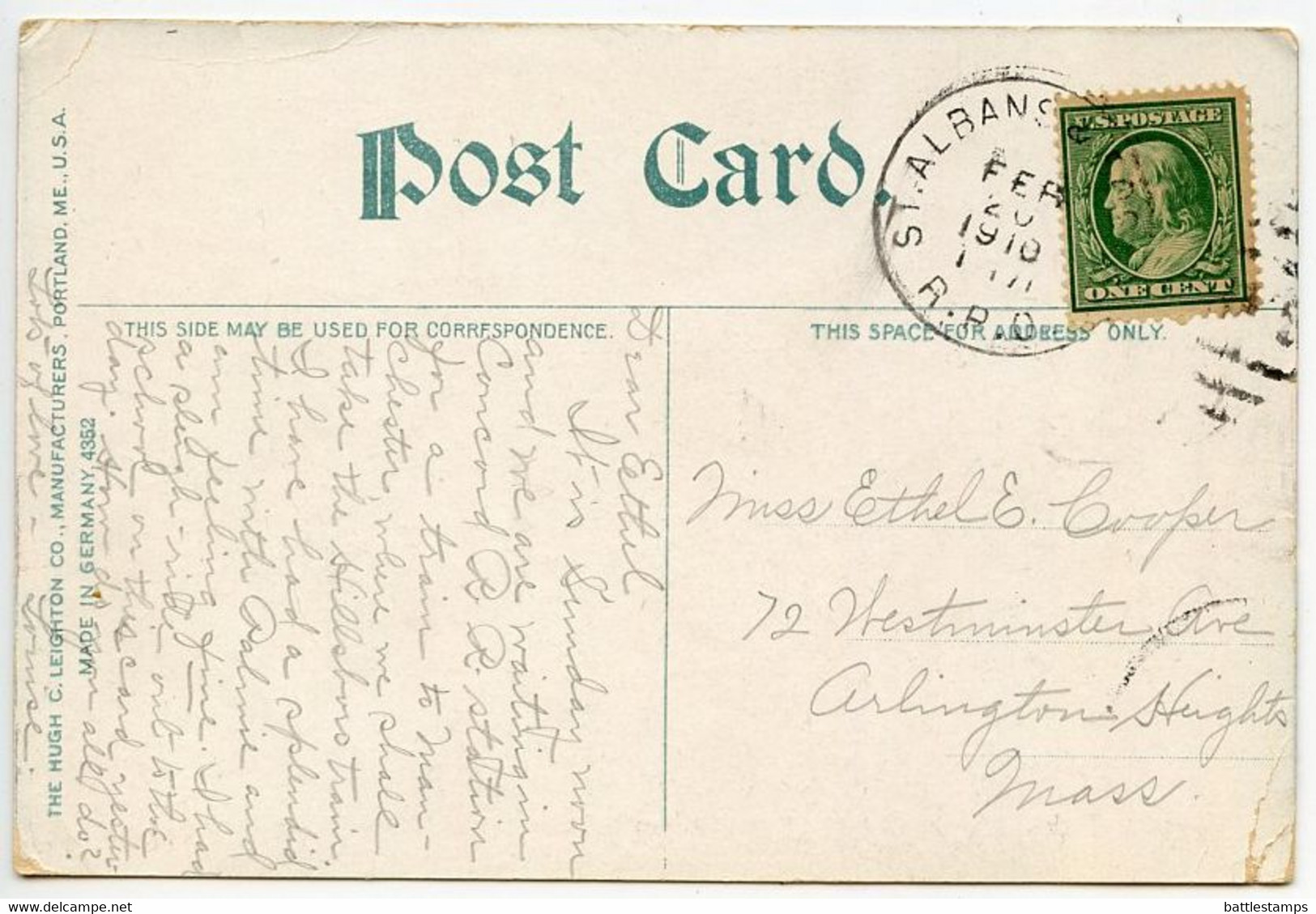 United States 1910 Postcard Concord, New Hampshire - New Upper School, St. Paul School; St. Albans & Boston RPO Postmark - Concord