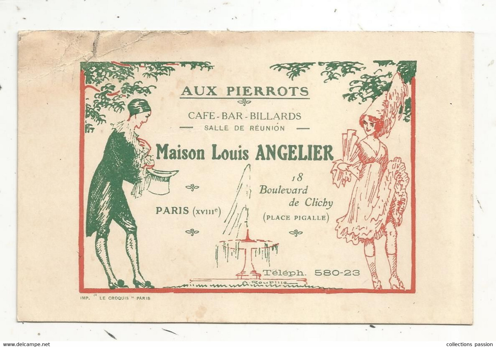 Carte De Visite, AUX PIERROTS ,  Café ,bar , Billards , Maison Louis ANGELIER , PARIS XVIII E - Cartes De Visite