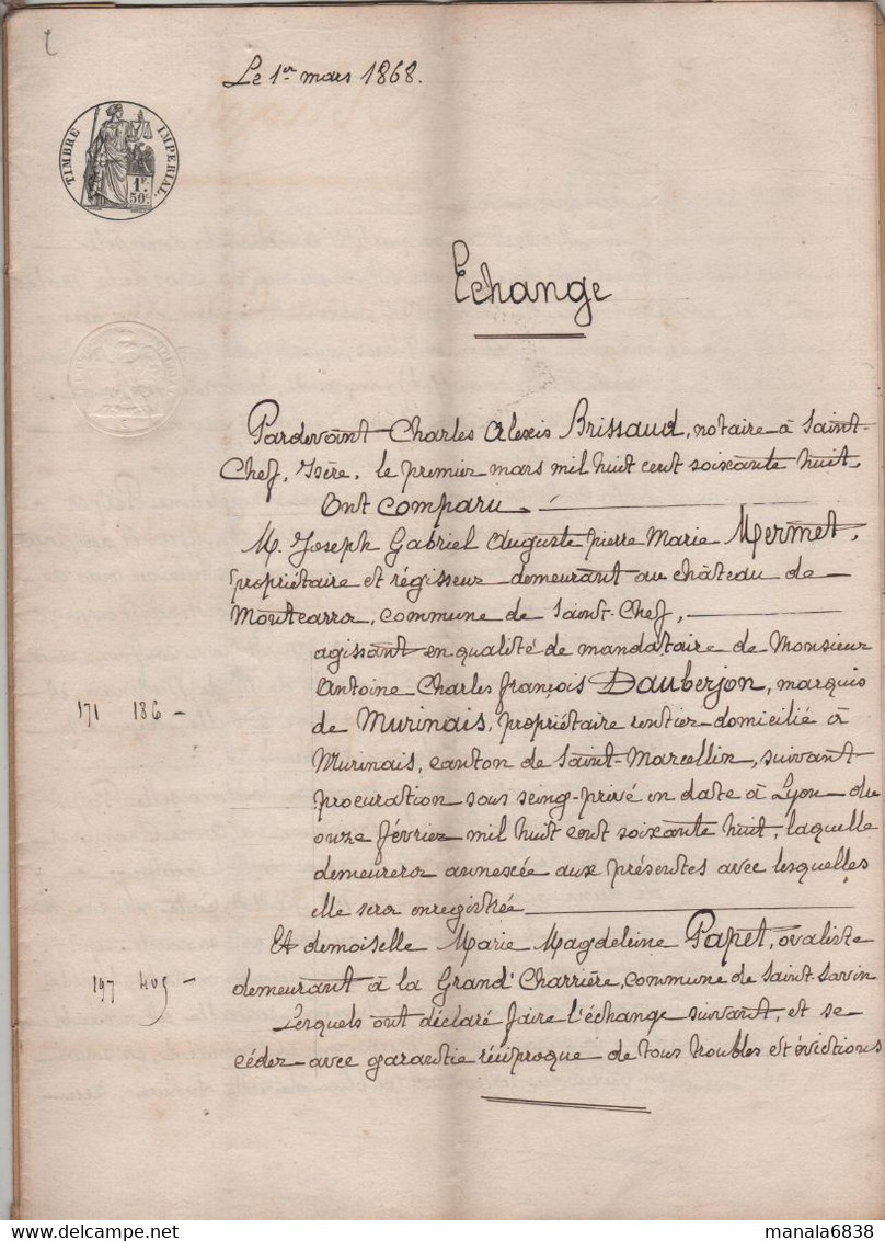 Echange 1868 Mermet Montcarra Dauberjon Marquis De Murinais Papet La Grand Charrière Saint Savin - Manuscritos