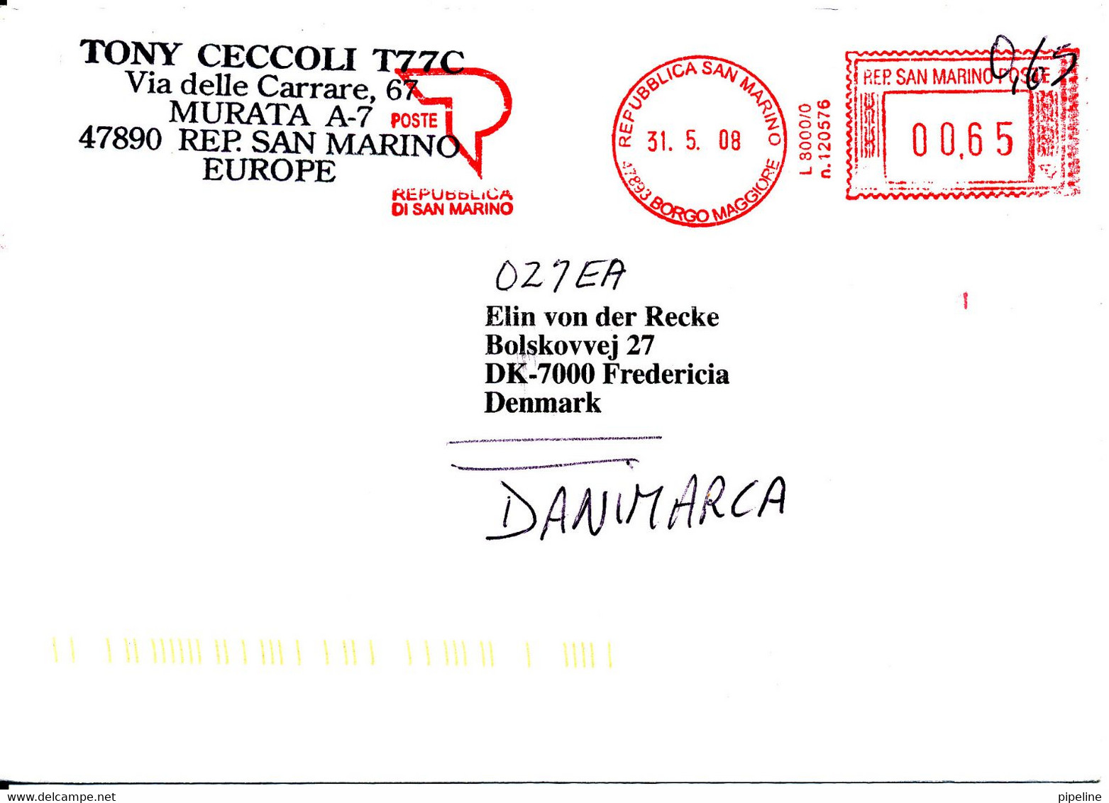 San Marino Cover With Meter Cancel Sent To Denmark 31-5-2008 (the Cover Is Bended) - Briefe U. Dokumente