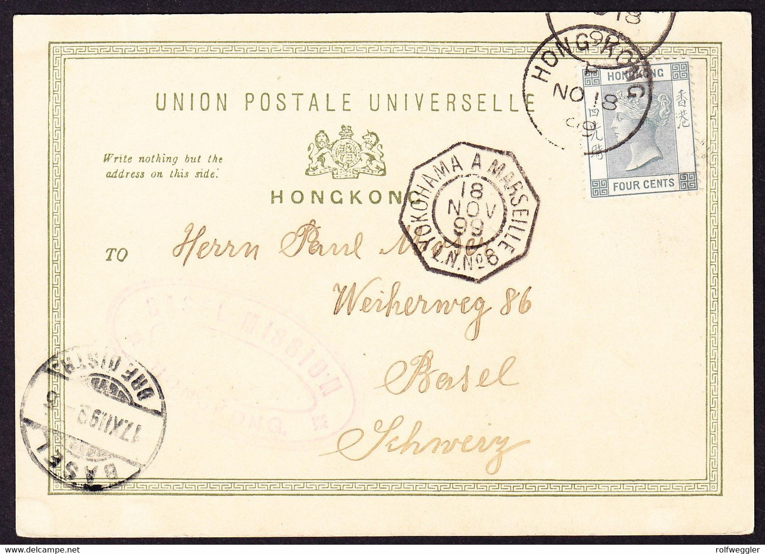 1899 Gelaufene AK: On The Peak, Hongkong. Nach Basel Mit Schiffsstempel YOKOHAMA A MARSEILLE - Covers & Documents