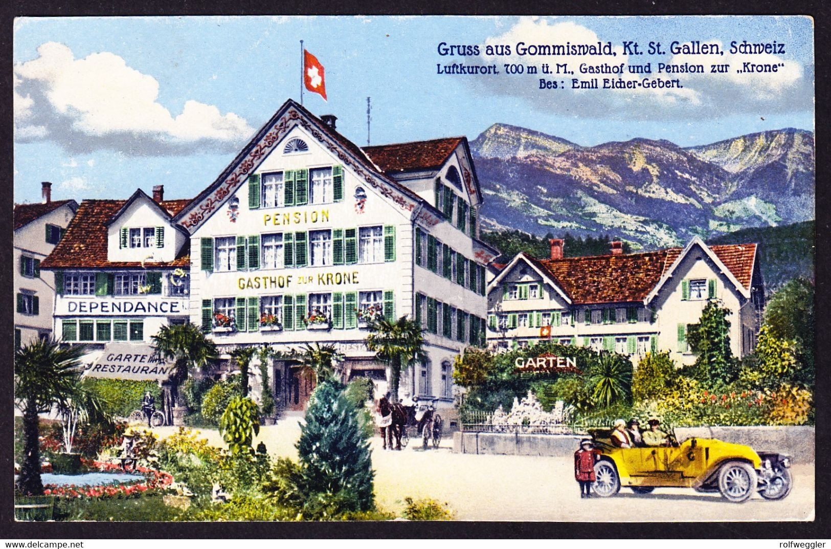 1922 Aus Gommiswald Gelaufene AK: Gasthof Und Pension Zur Krone In Gommiswald Mit Altem Auto Und Kutsche. - Gommiswald