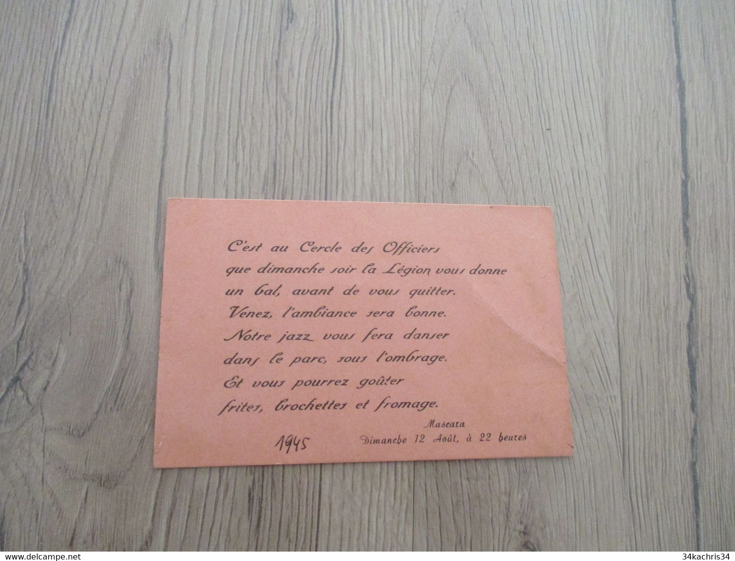 LEGION ETRANGERE Mascara 12/08/945 Invitation Cercle Des Officiers Bal Jazz - Dokumente