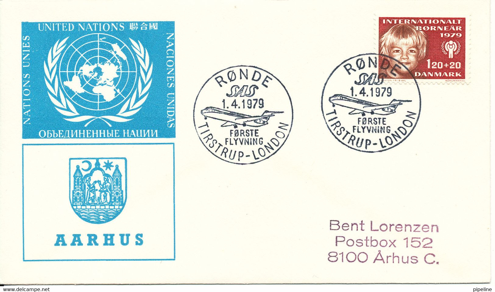 Denmark Cover First SAS Flight Tirstrup - London 1-4-1979  With Cachet United Nations And Aarhus - Cartas & Documentos