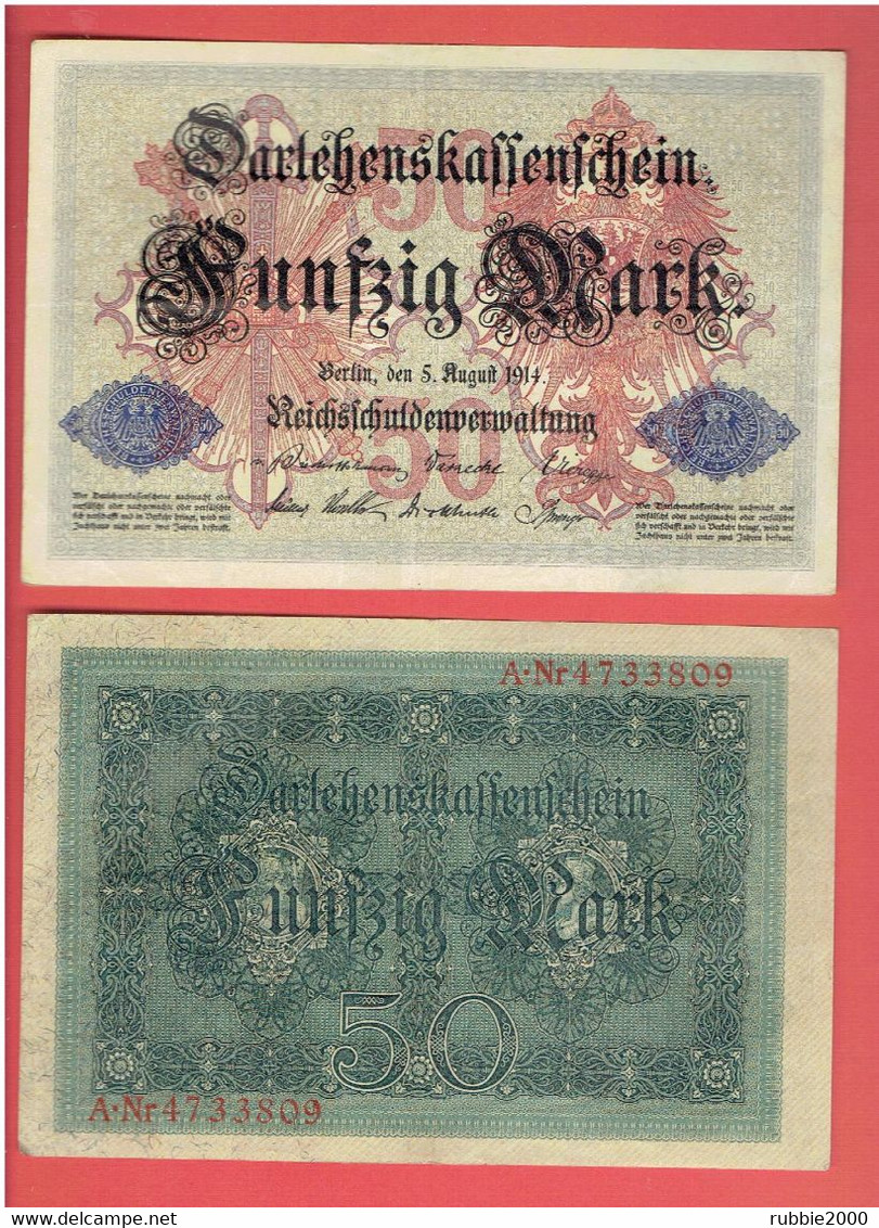 LOT 2 BILLETS DE BANQUE 50 MARK ALLEMAGNE 1914 Darlehenskassenschein - 50 Mark