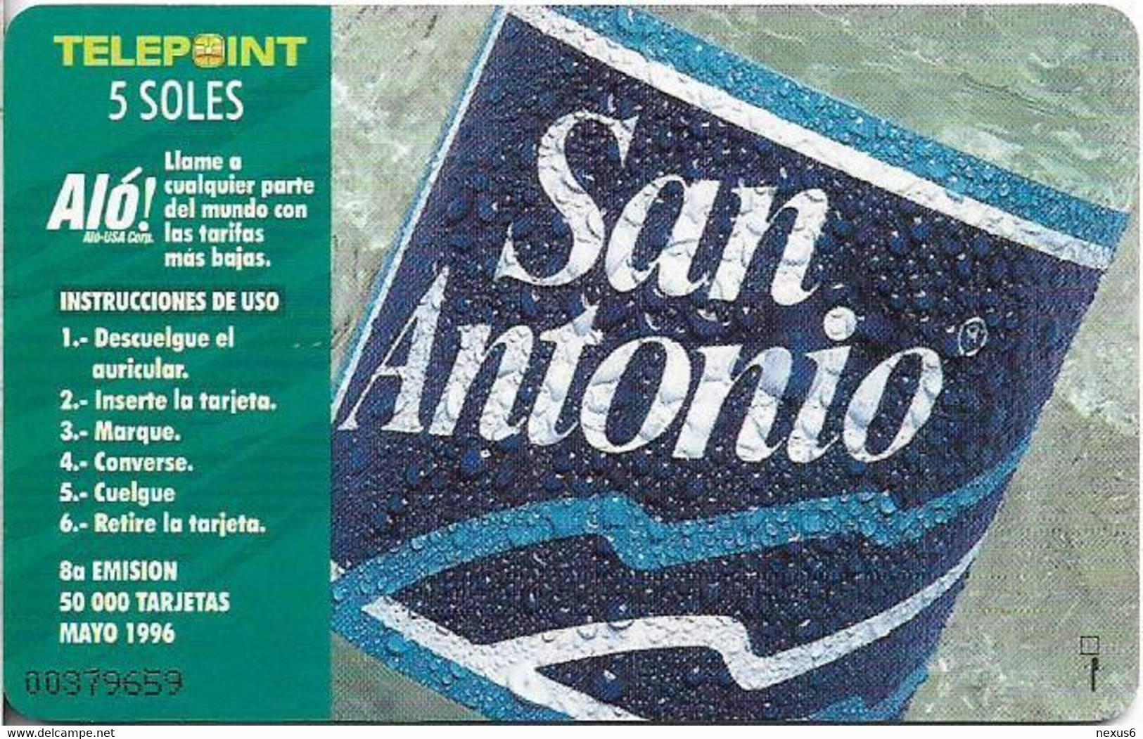 Peru - Telepoint - San Antonio Mineral Water, 05.1996, 5Sol, 50.000ex, Used - Peru