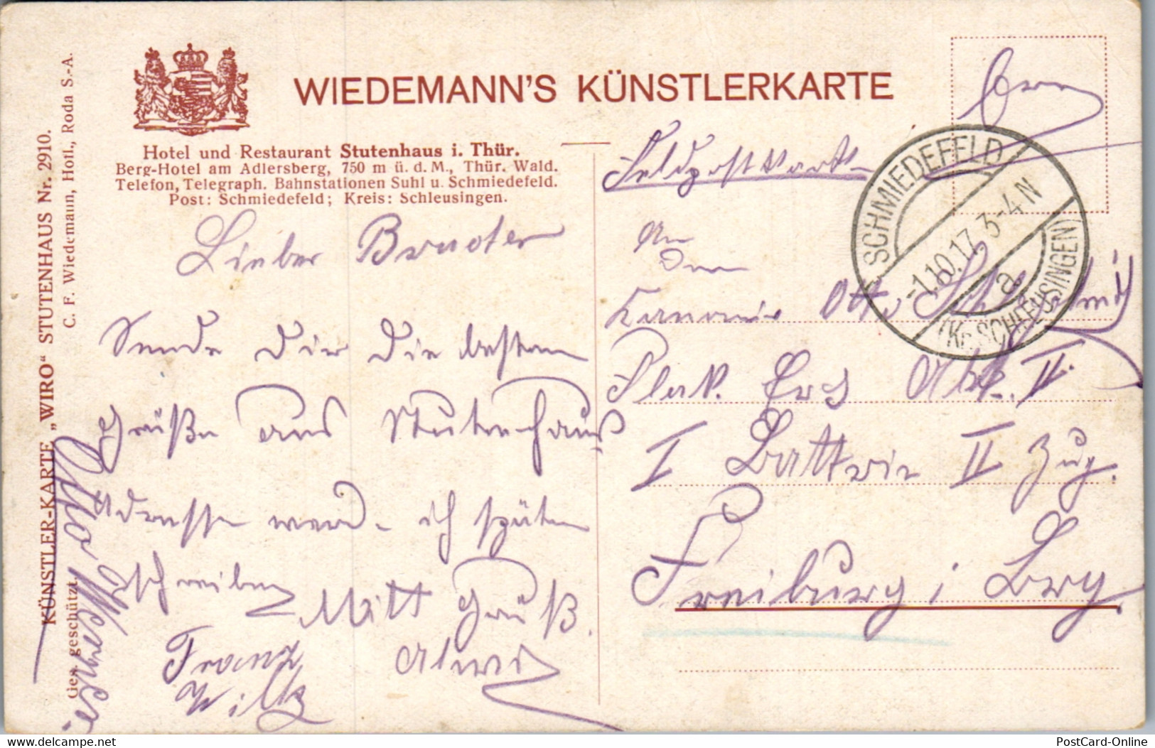 42472 - Künstlerkarte - Schmiedefeld , Kr. Schleusingen , Berghotel Stutenhaus Am Adlersberg , Stutenwald - Gel. 1917 - Schmiedefeld