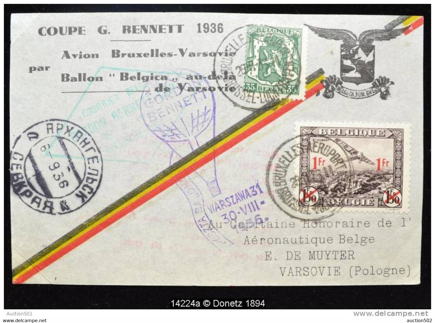 14224 Ballon Belgica Vers Arkhangelsk, GORDON BENNETT CUP, De Bruxelles Via Varsovie Sur Medlecha, 28/08/1936 - Briefe U. Dokumente