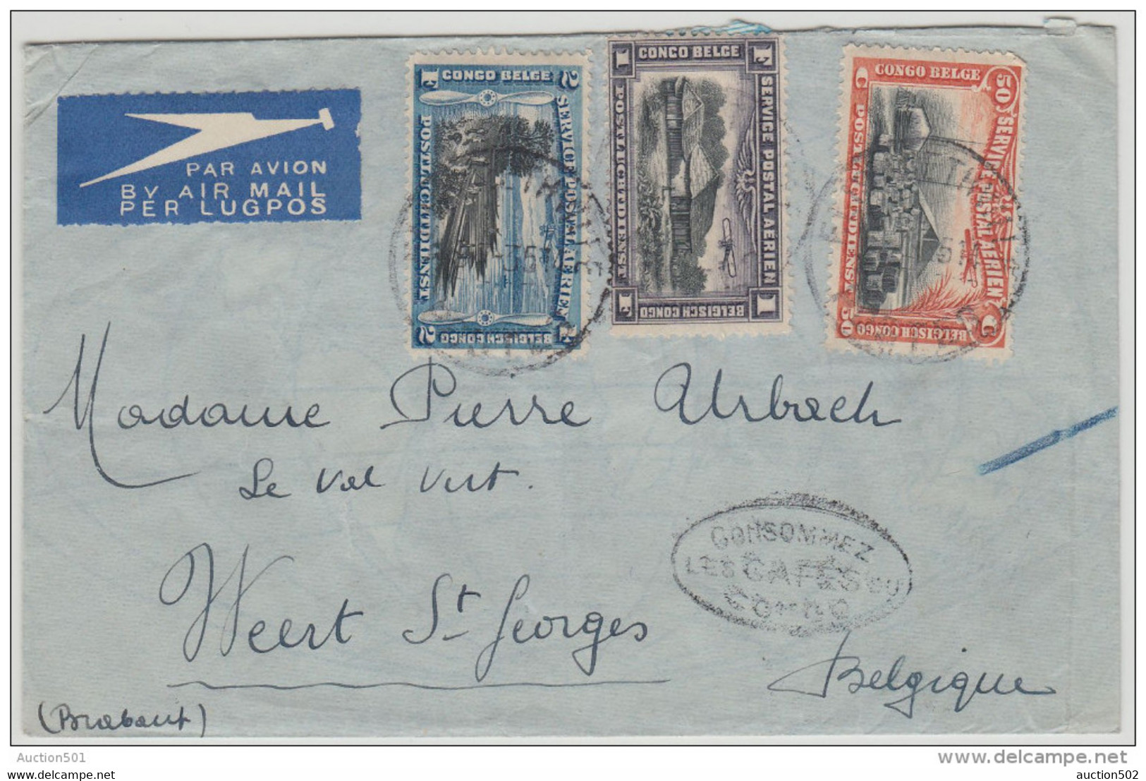 20313 "Consommez Les Cafés Du Congo" S/L. Avion De ELISABETHVILLE 9-7-35, Vers St Joris Weert, Affr 5F - Lettres & Documents