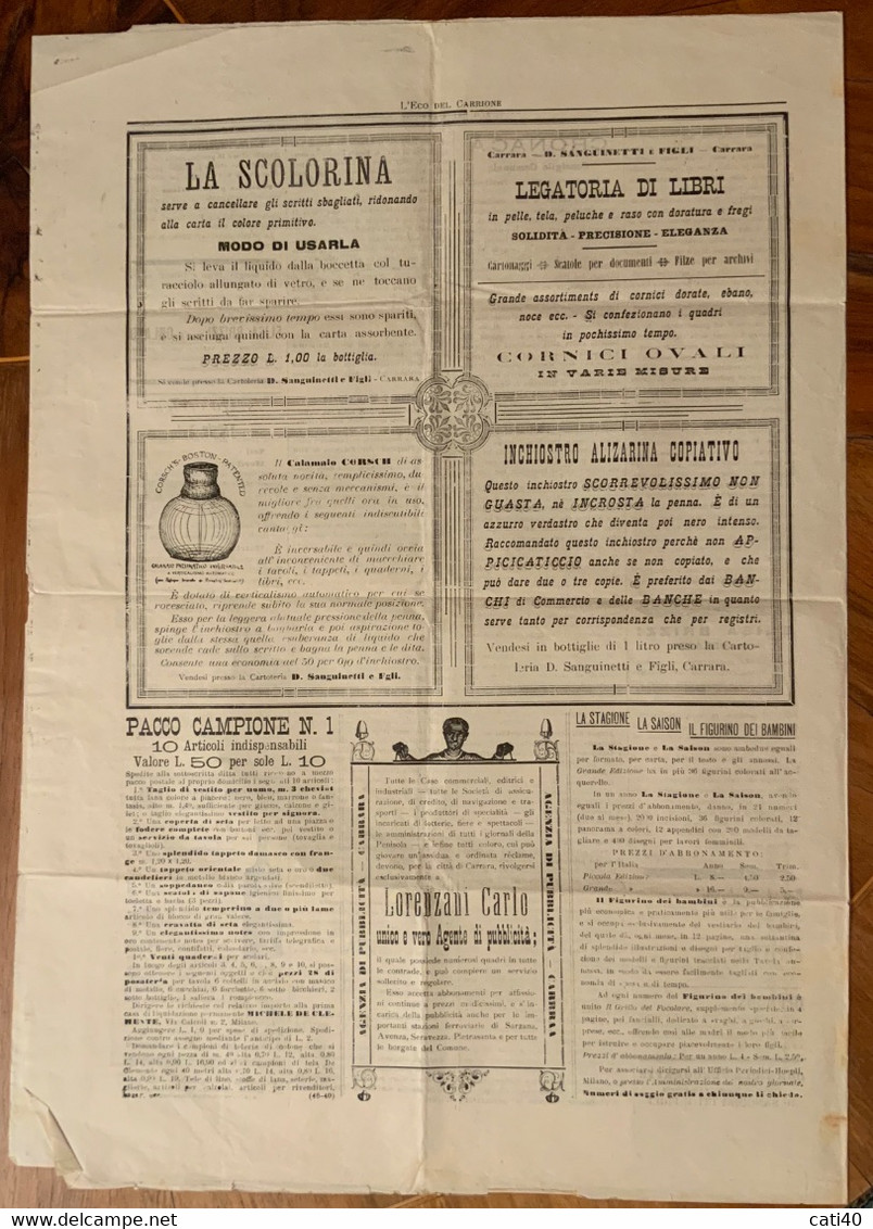 L'ECO DEL CARRIONE - GIORNALE DI CARRARA - N.19 DEL 19 MAGGIO 1900  - NOTIZIE LOCALI - PUBBLICITA' D'POCA - Prime Edizioni