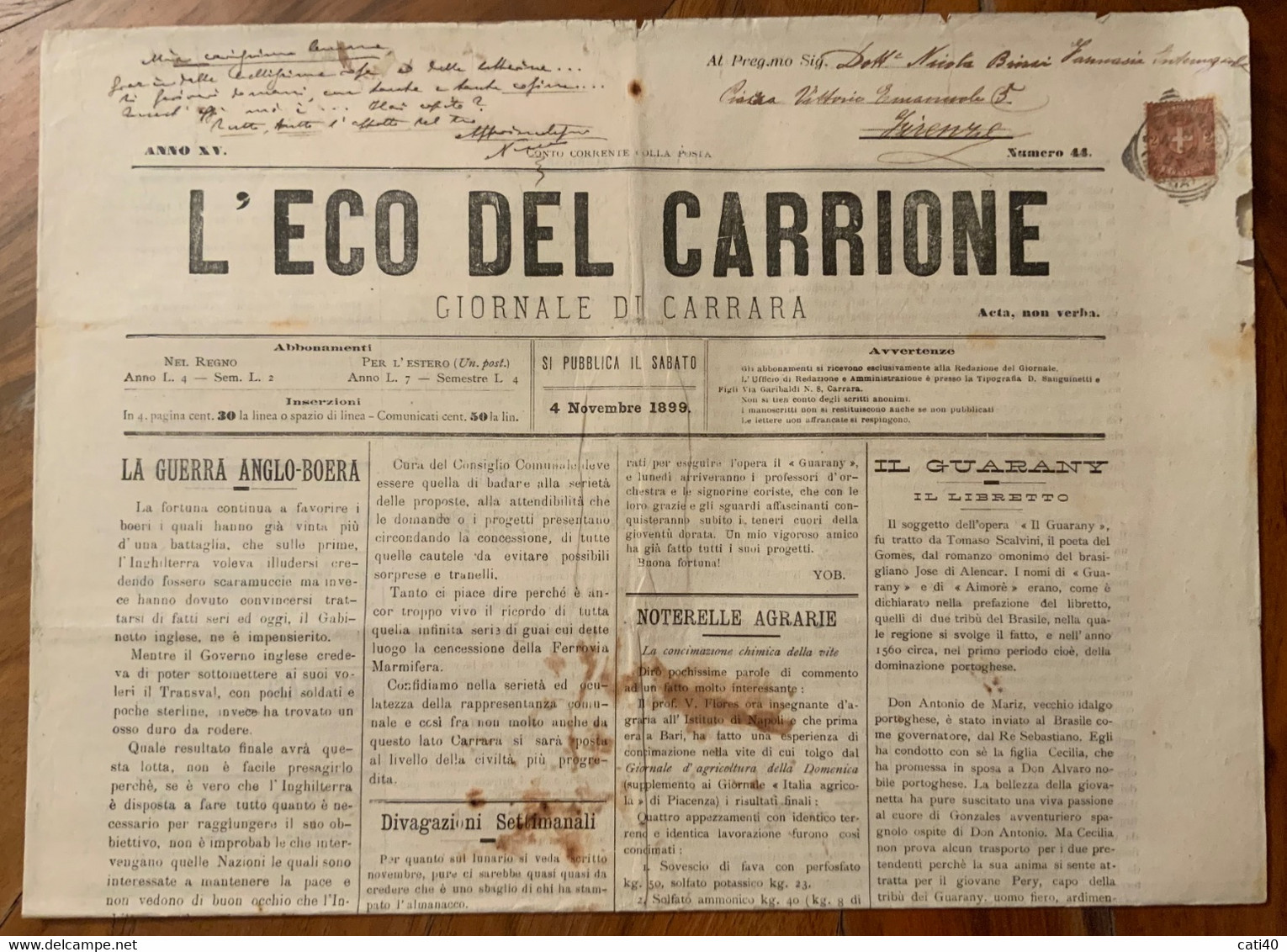 L'ECO DEL CARRIONE - GIORNALE DI CARRARA -N.44 DEL 4/11/1899 - CRONACA LOCALE E PUBBLICITA' D'EPOCA - PER POSTA -  RR - Premières éditions