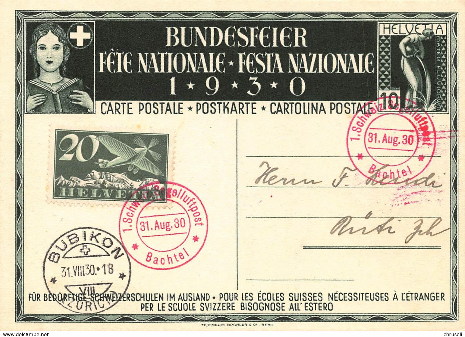 Bundesfeierkarte 1930  1. Schweizer Segelflugpost 31. August Vom Bachtel Stempel Bubikon - Bubikon