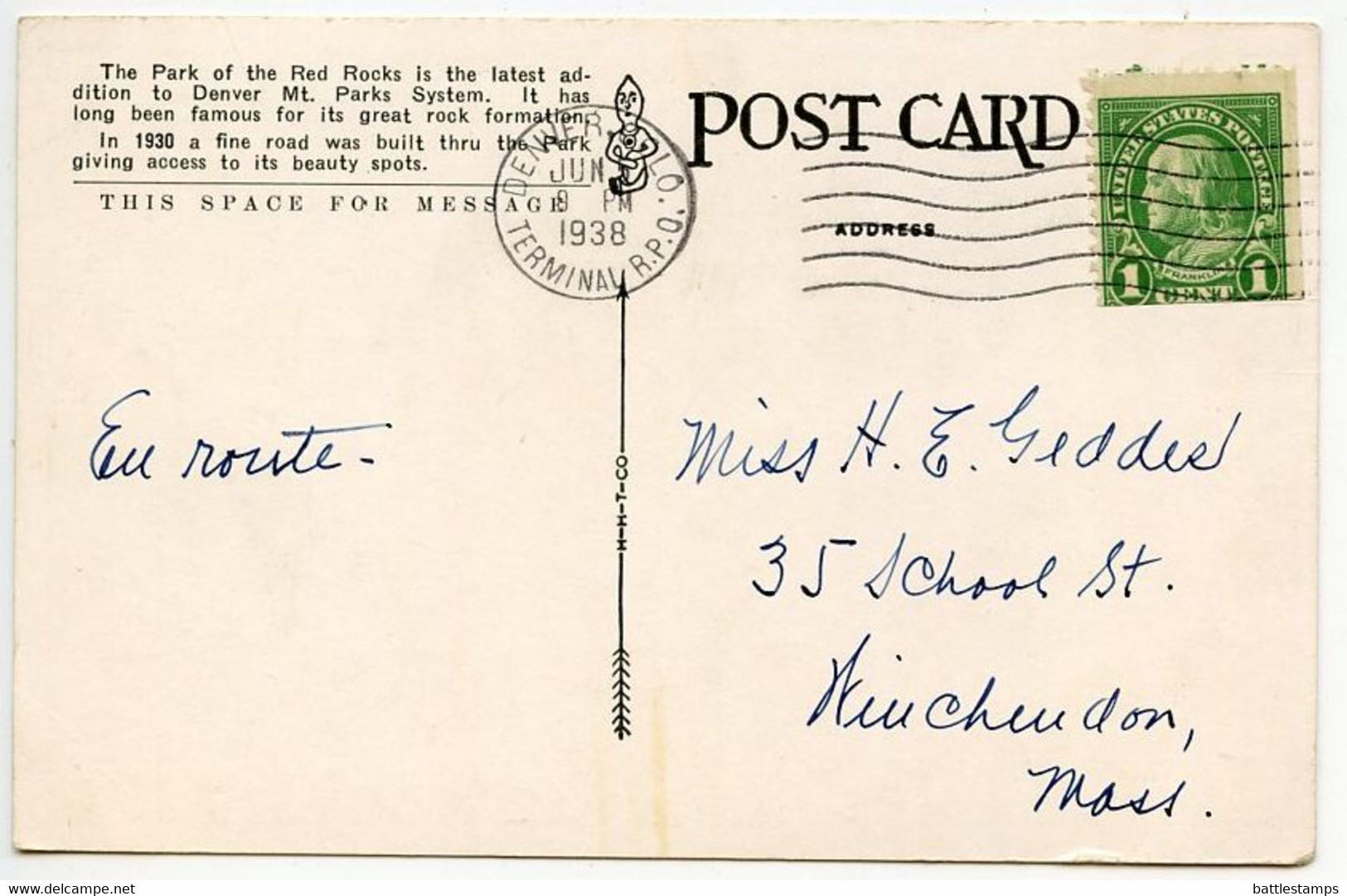 United States 1938 Postcard Denver, Colorado - Park Of The Red Rocks; Denver, Colorado Terminal RPO Postmark - Denver