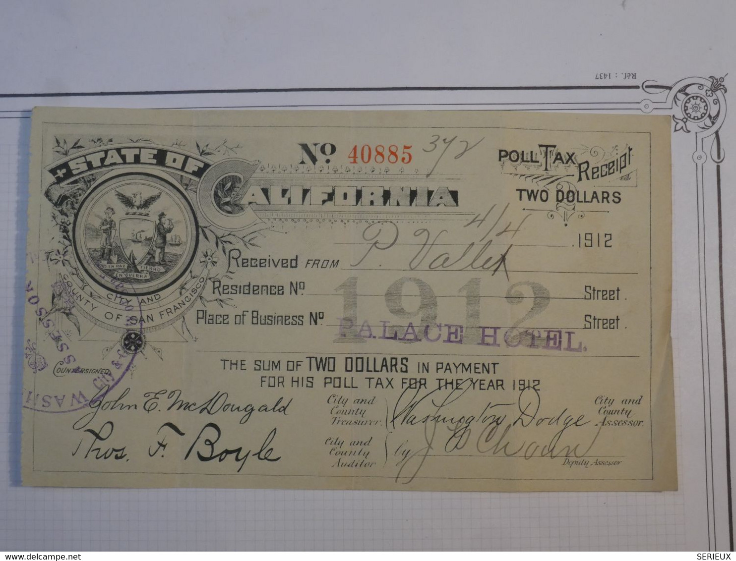 BN8 ETATS UNIS RECU RECEIPT . STATE OF CALIFORNIA 1912  TWO DOLLARS +WASHINGTON+ - A Identificar