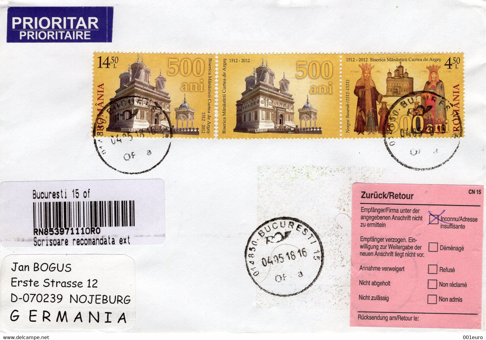 ROMANIA  : CURTEA DE ARGES MONASTERY - 500 YEARS, Cover Returned From Germany - Registered Shipping! - Briefe U. Dokumente