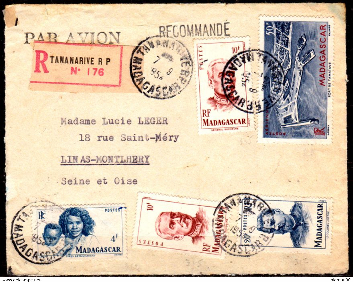 Madagascar -141-FRONT COVER OF ENVELOPE , With Issued By 1946, Registered Mail, By Air - Quality In Your Opinion. - Timbres-taxe