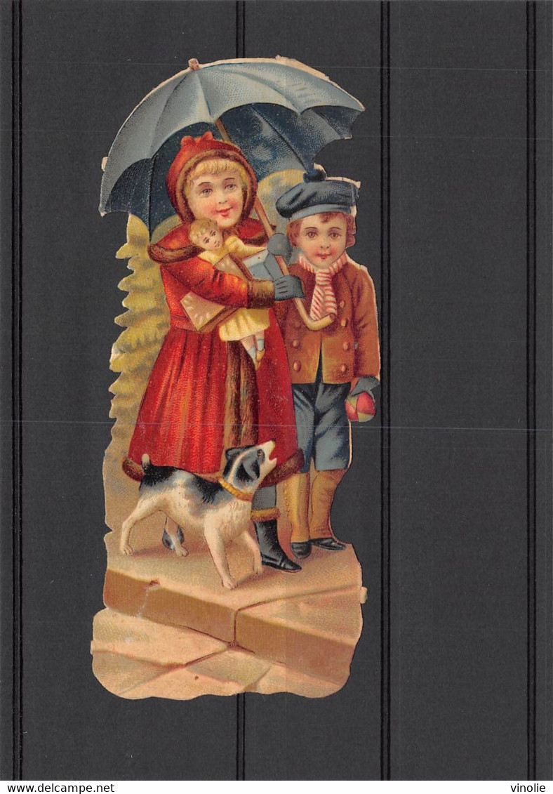 P-23-TON-313 : POCHETTE  FORMAT 11 CM X 15.5 CM. DECOUPIS. ENFANTS.  CHIEN POUPEE PARAPLUIE - Kinderen