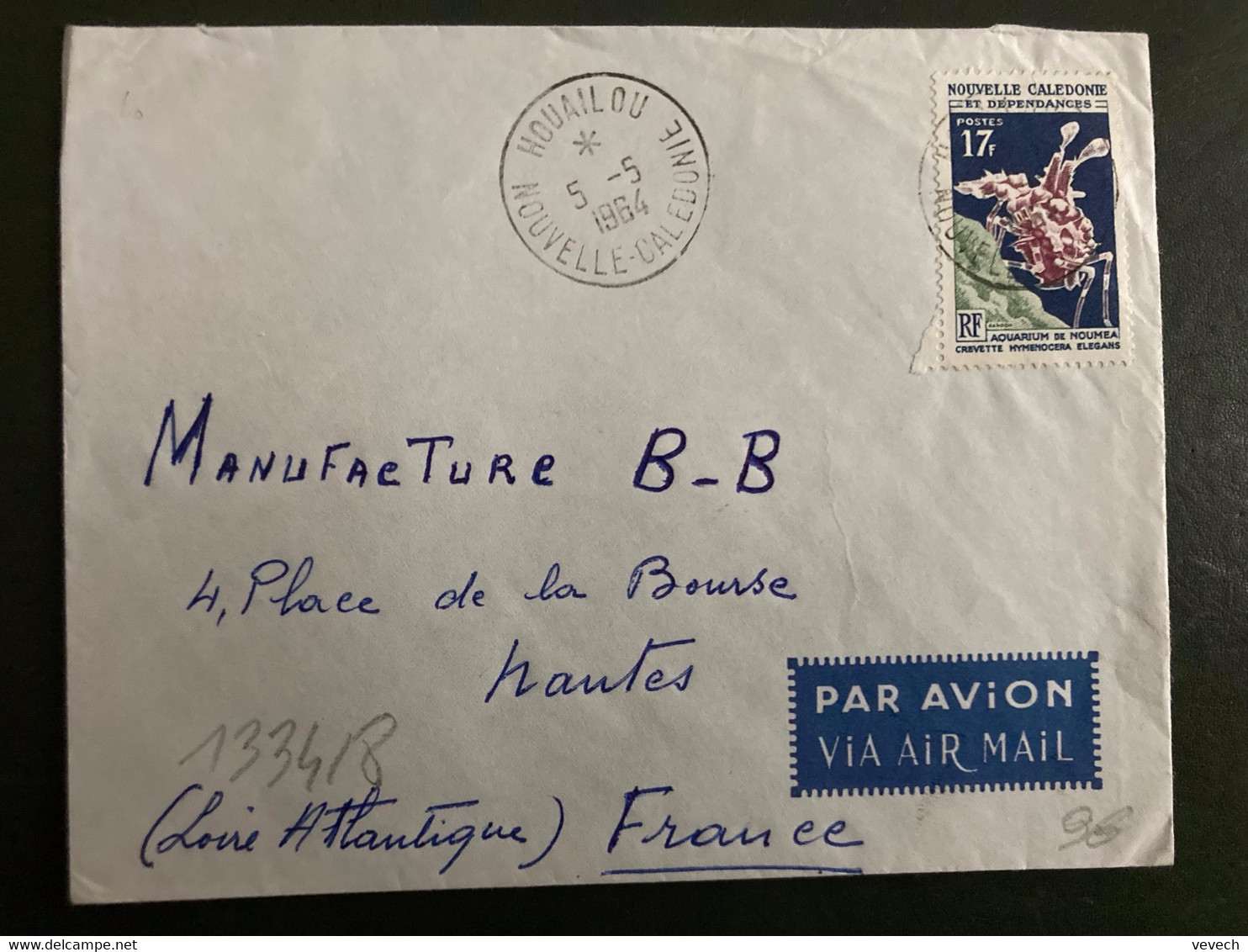 LETTRE Par Avion Pour La FRANCE TP CREVETTE HYMENOCERA ELEGANS 17F OBL.5-5 1964 HOUAILOU - Cartas & Documentos