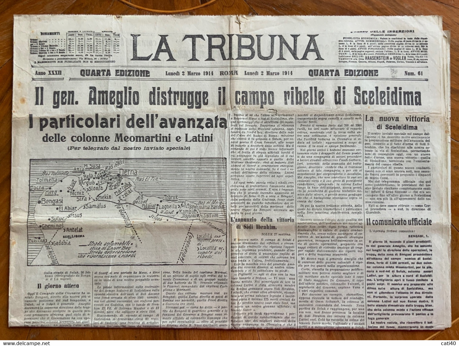 CAMPAGNA DI LIBIA - LA TRIBUNA Del 2/3/1914 : IL GEN. AMEGLIO DISTRUGGE IL CAMPO RIBELLE DI SCELEIDIMA...PUBBLICITA' ... - Erstauflagen