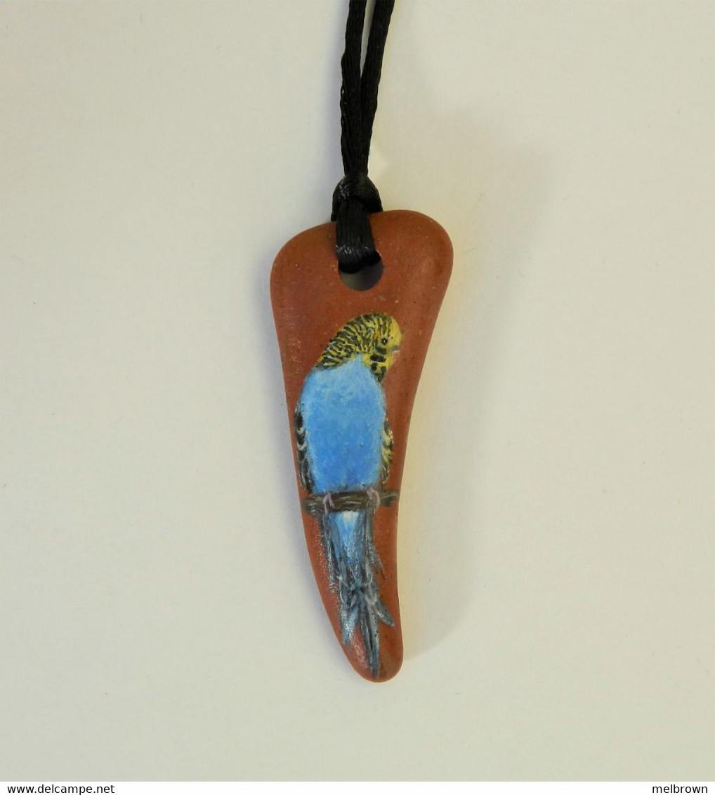 Blue Budgerigar Hand Painted On A Terracotta Pendant - Animals