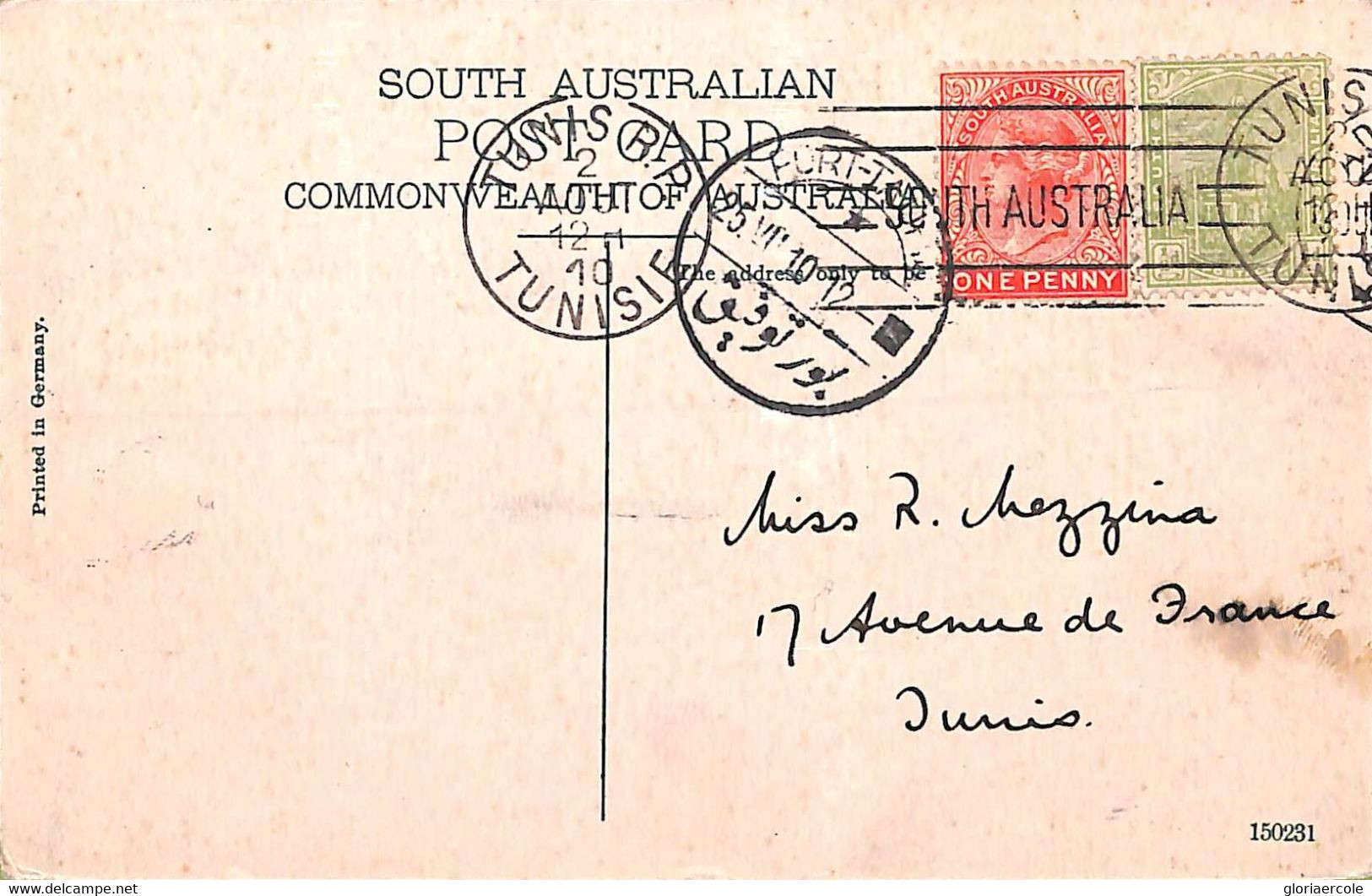 Ac6720  -   SOUTH AUSTRALIA  - Postal History - POSTCARD To TUNIS Via SUEZ !  1910 - Brieven En Documenten