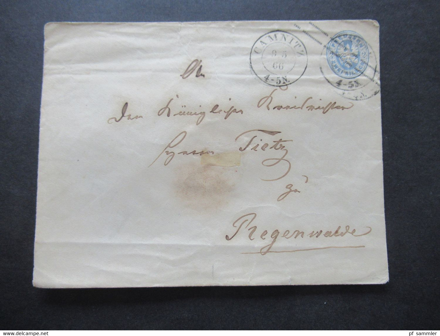 AD Preußen 1866 Ganzsachen Umschlag 2 Silbergroschen U 27 B Stempel K2 Camnitz Nach Regenwalde Gesendet - Enteros Postales