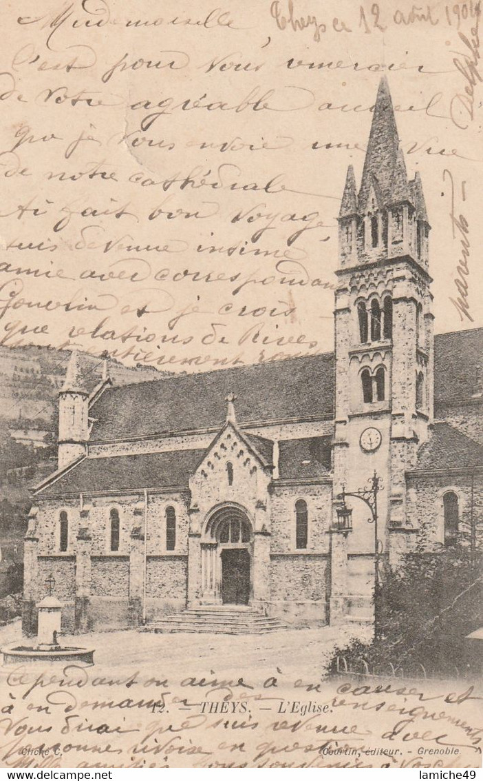 THEYS L’église Carte Précurseur ( Fontaine Horloge ) TIMBRE 10c Circulée 1904 - Theys