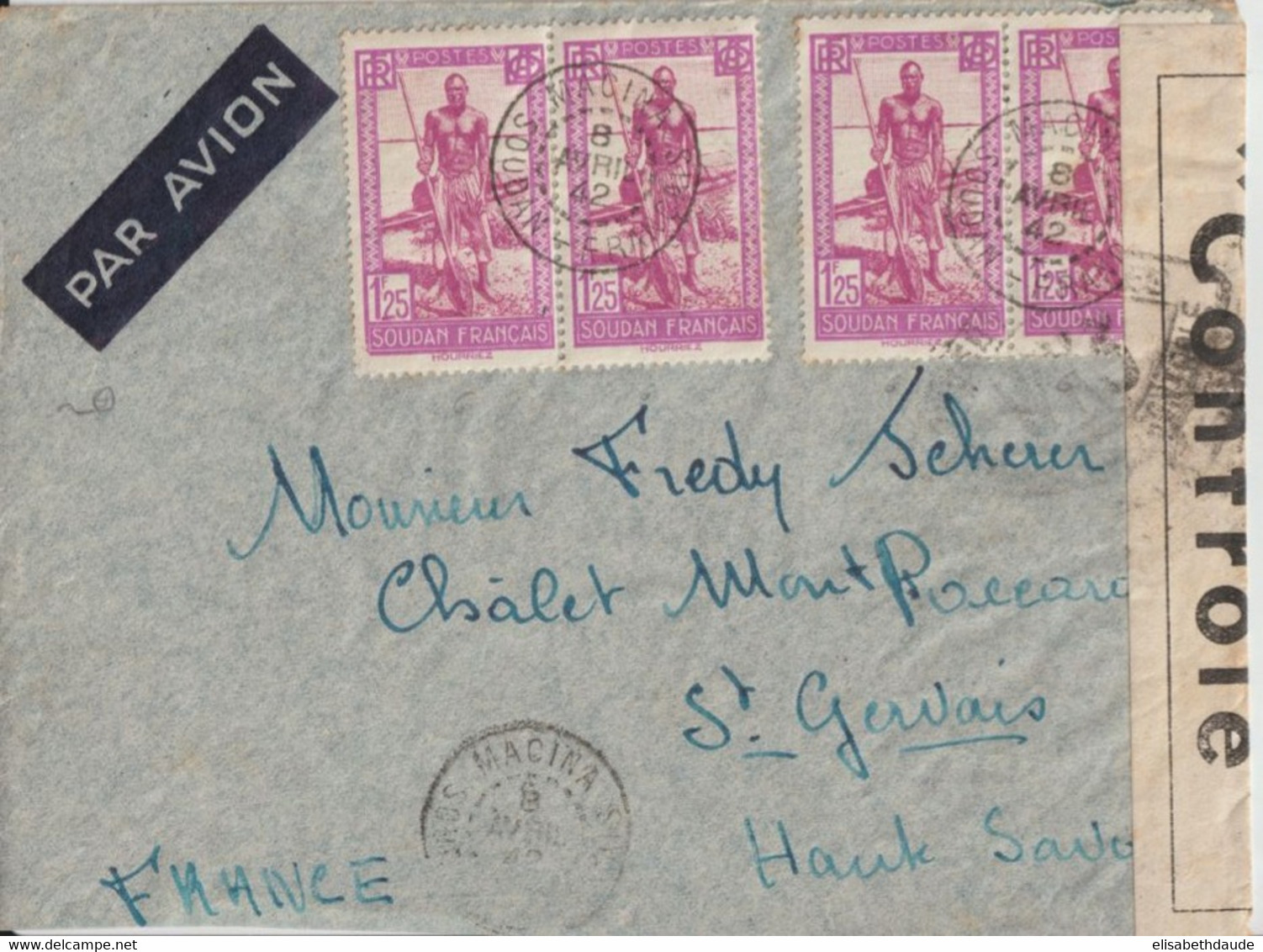 1942 - SOUDAN - ENVELOPPE Avec CENSURE De KOKZY Par MACINA !! => ST GERVAIS - Briefe U. Dokumente