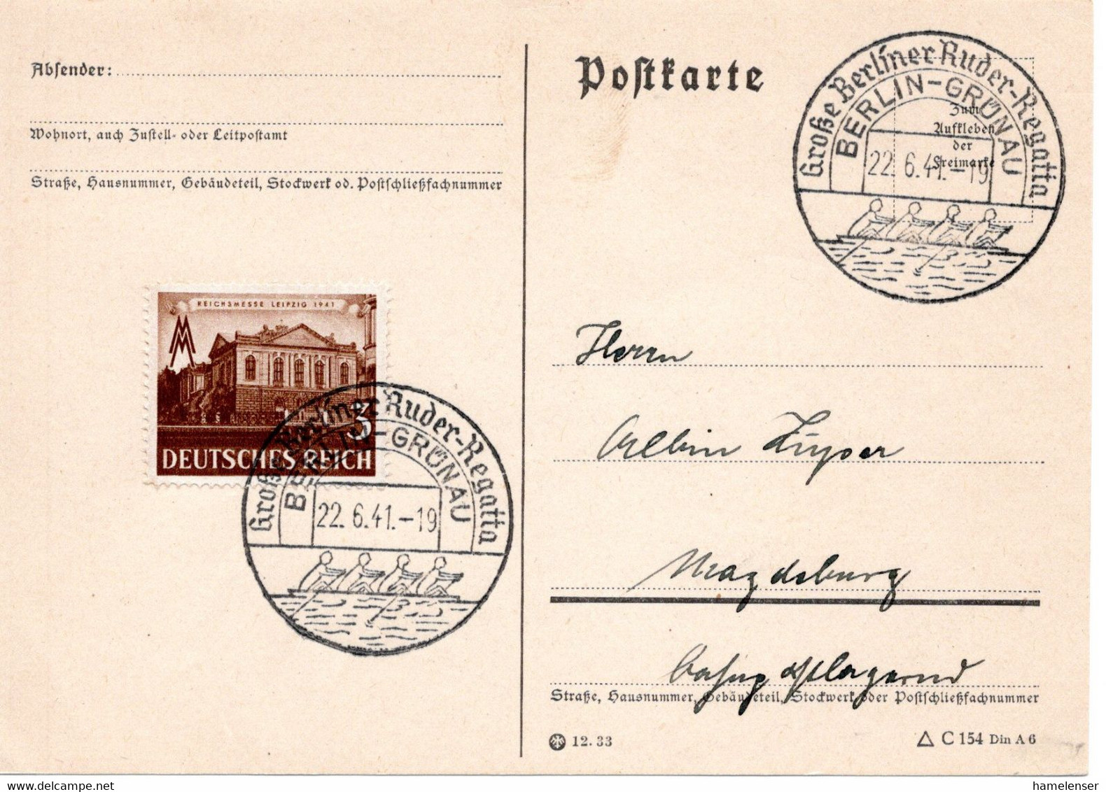 56836 - Deutsches Reich - 1941 - 3Pfg Leipziger Messe A DrucksKte SoStpl BERLIN - ... RUDER-REGATTA -> Magdeburg - Canottaggio